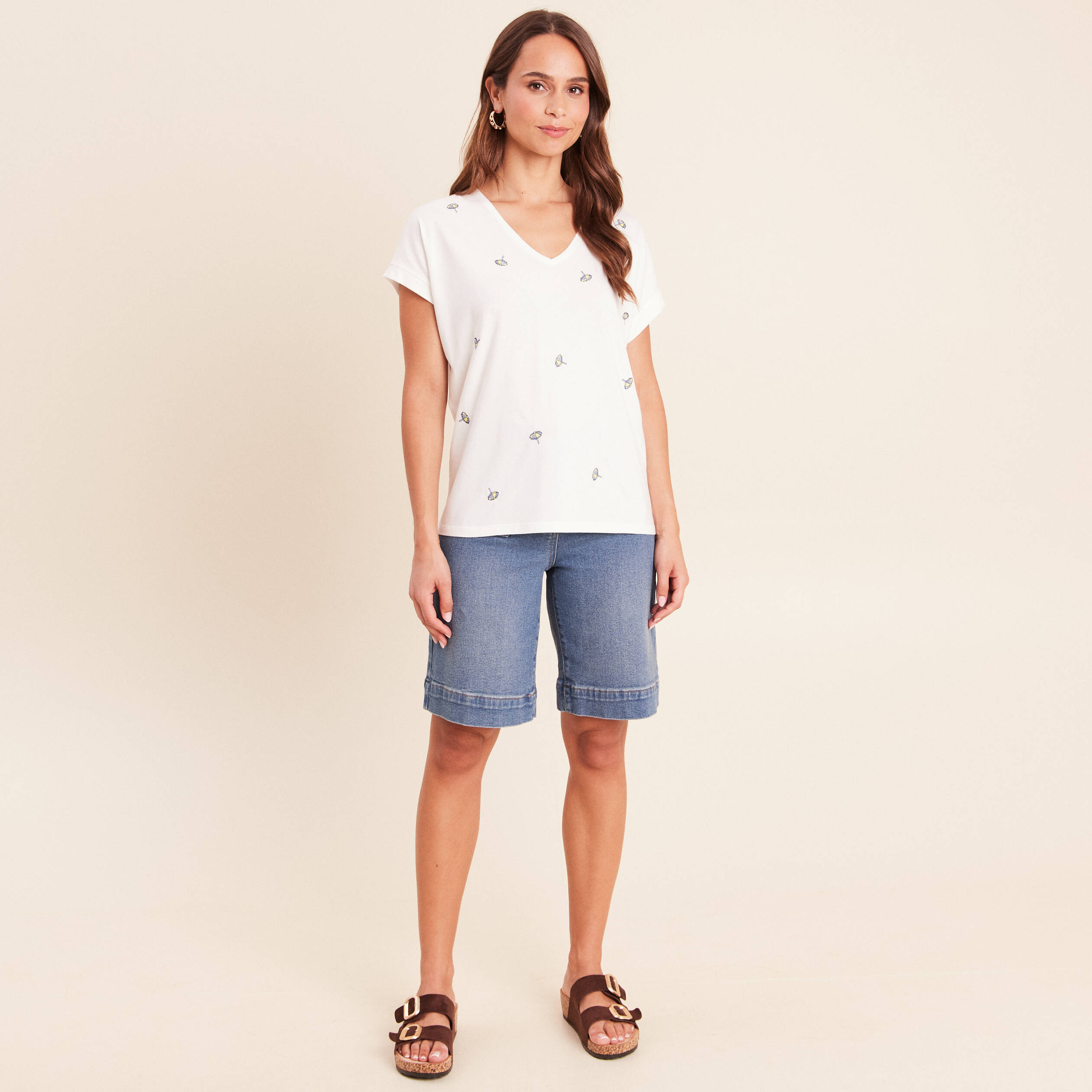 T-shirt col v broderie manches courtes ecru femme