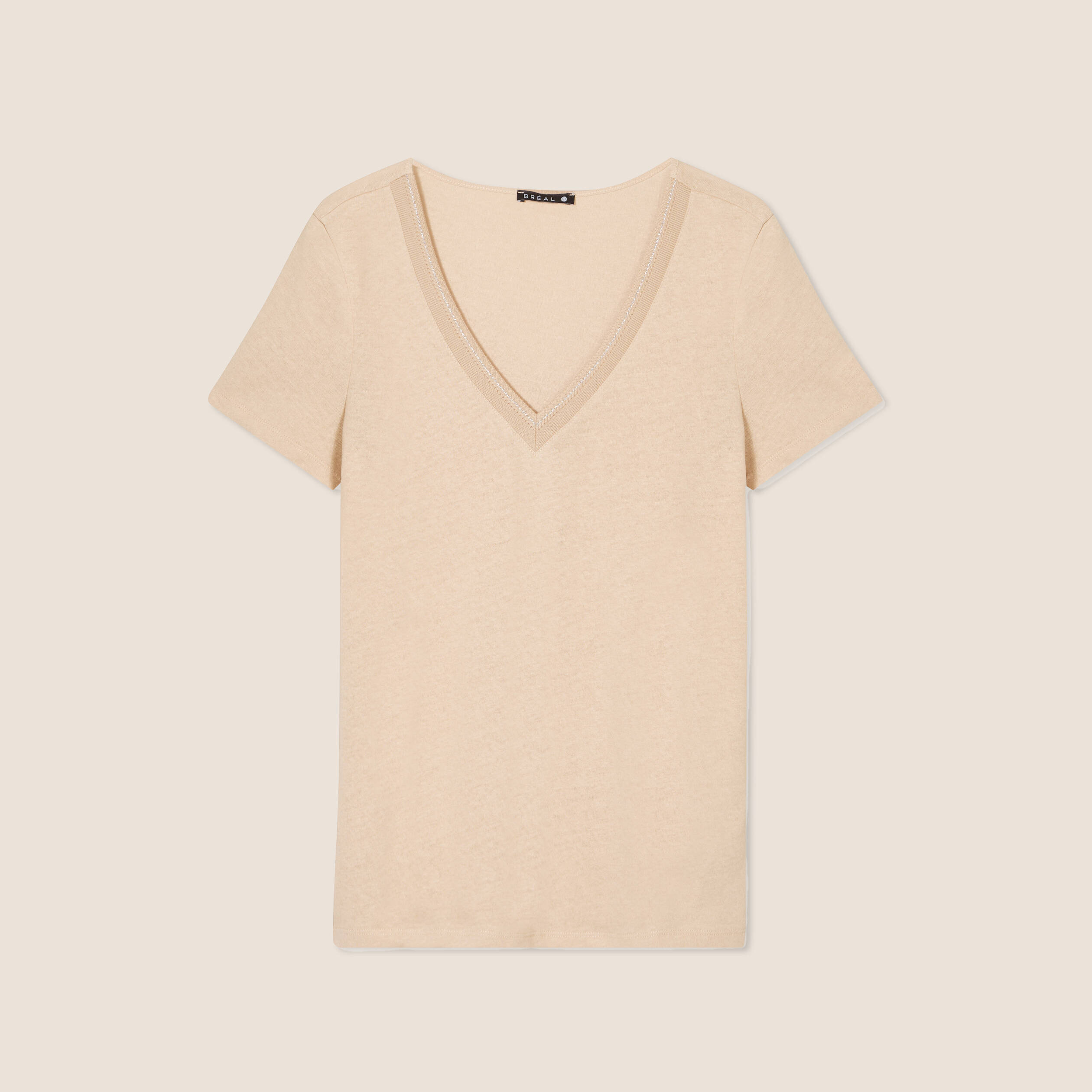 T-shirt manches courtes col en V sable femme