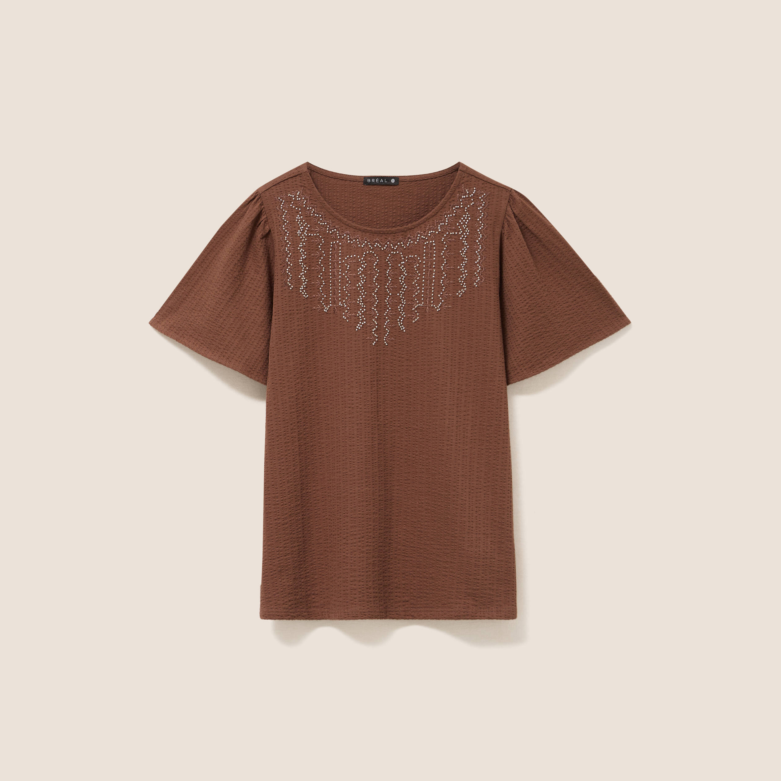 Blouse broderie col rond manches courtes marron femme