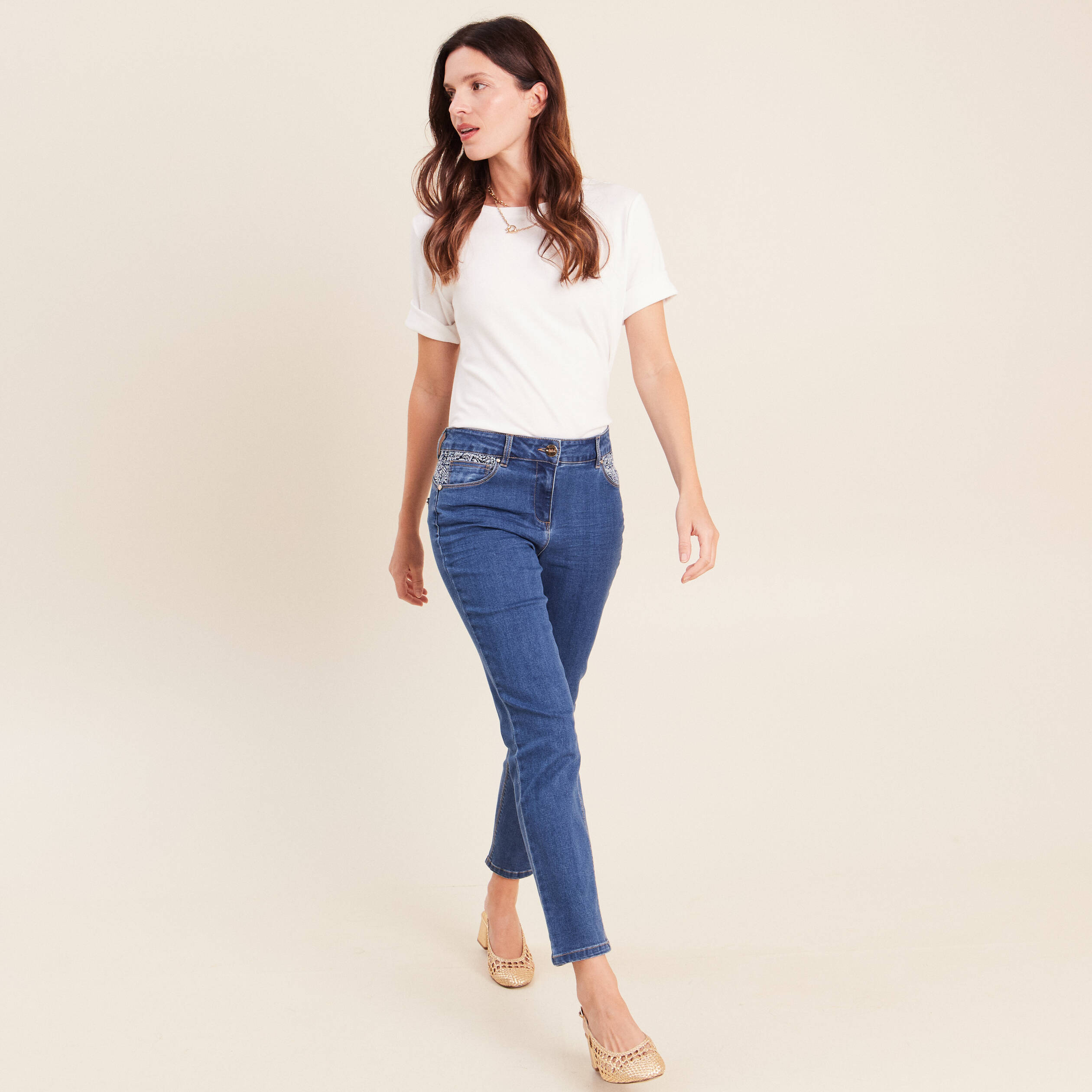 Jean ajust&eacute; 7/8&egrave;me taille bascul&eacute;e denim stone femme