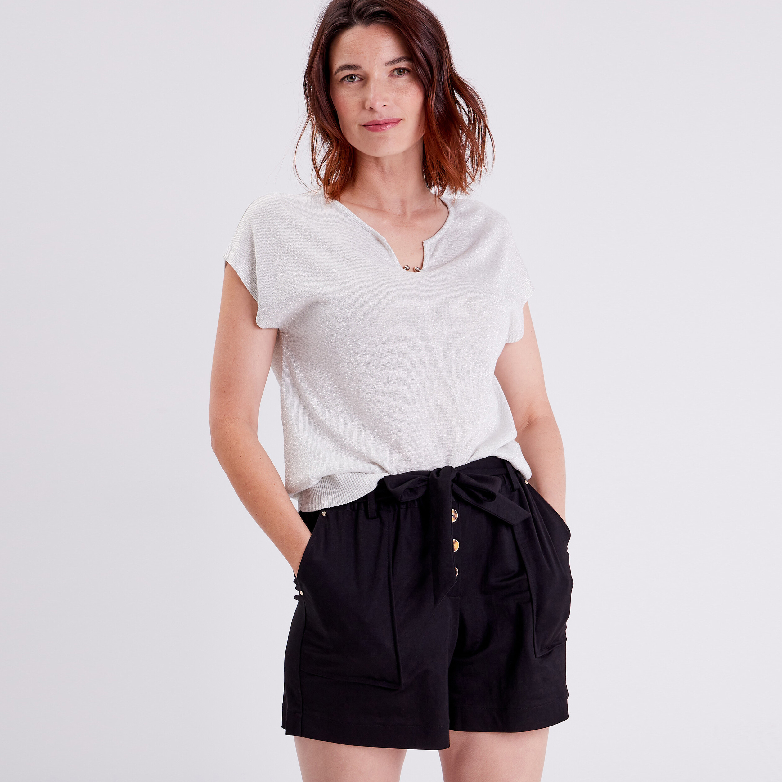 Pull à manches courtes ecru femme