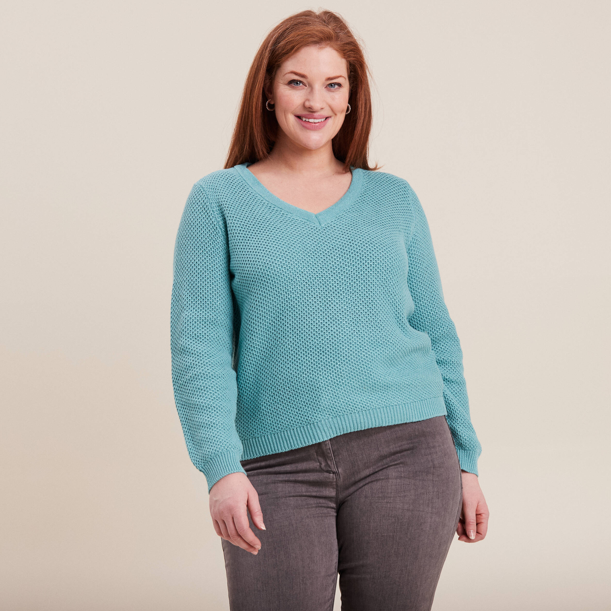 Pull avec col en V bleu canard femme