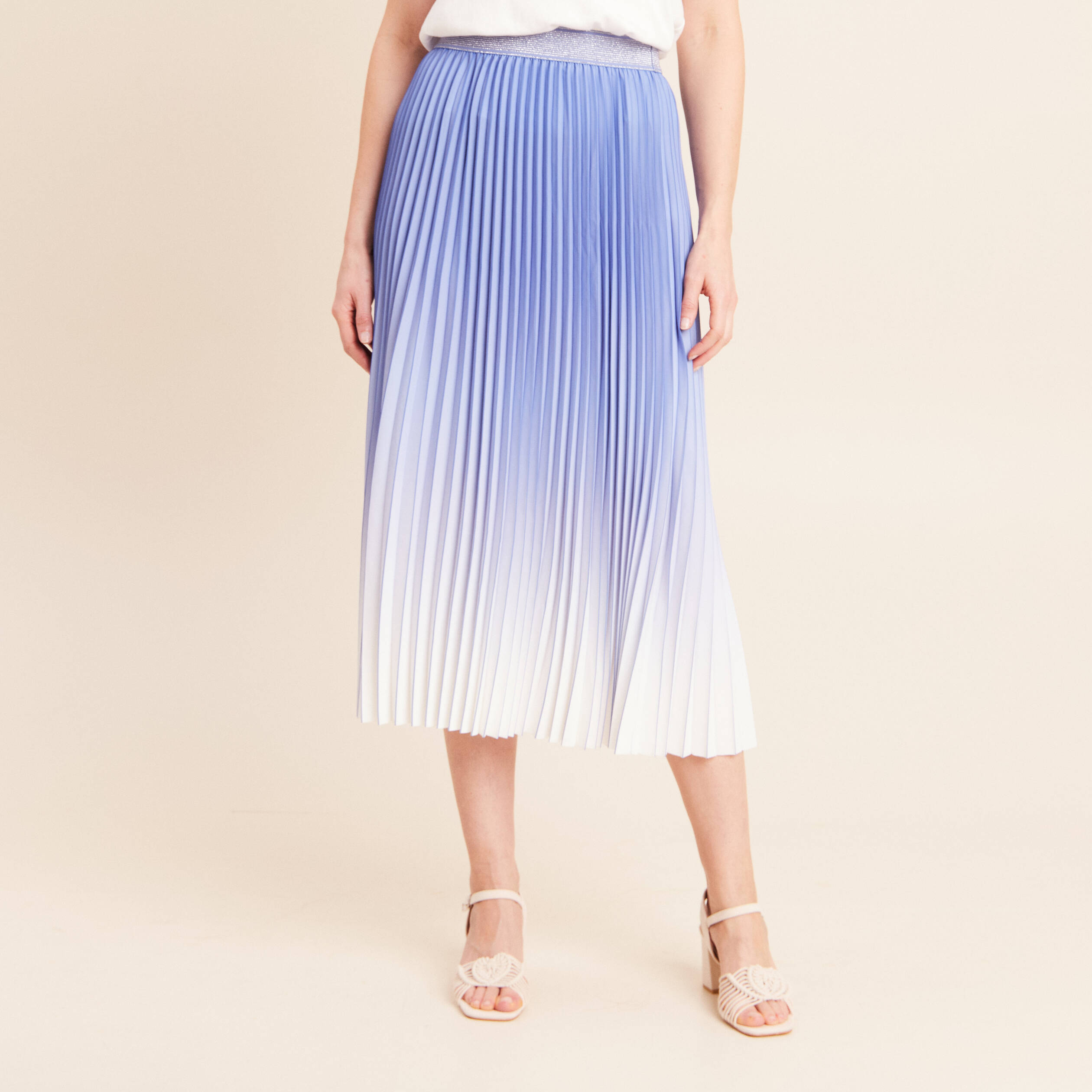 Jupe midi patineuse pliss&eacute;e bleu femme