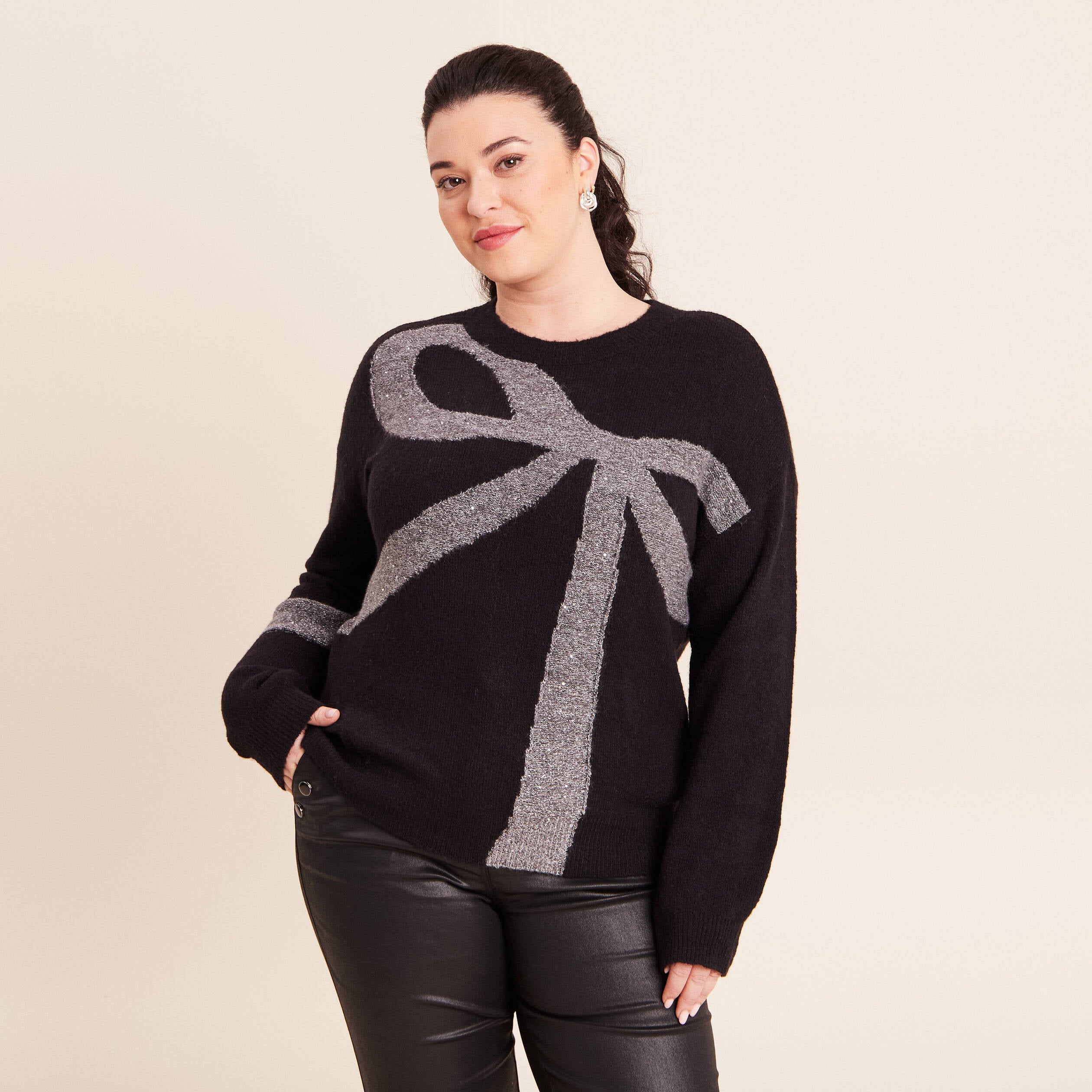 Pull col bateau manches longues noir femme