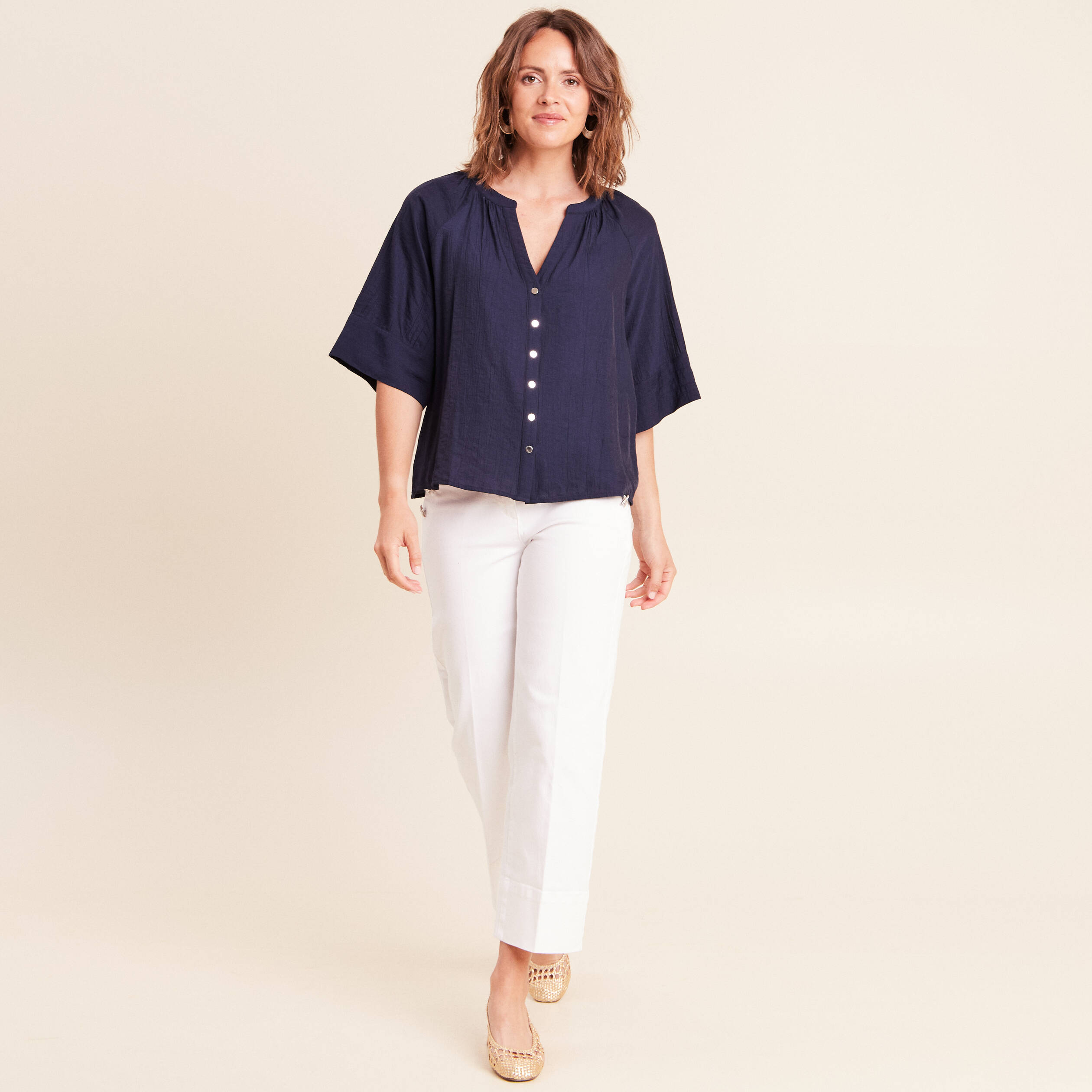 Blouse ample col v manches 3/4 bleu marine femme