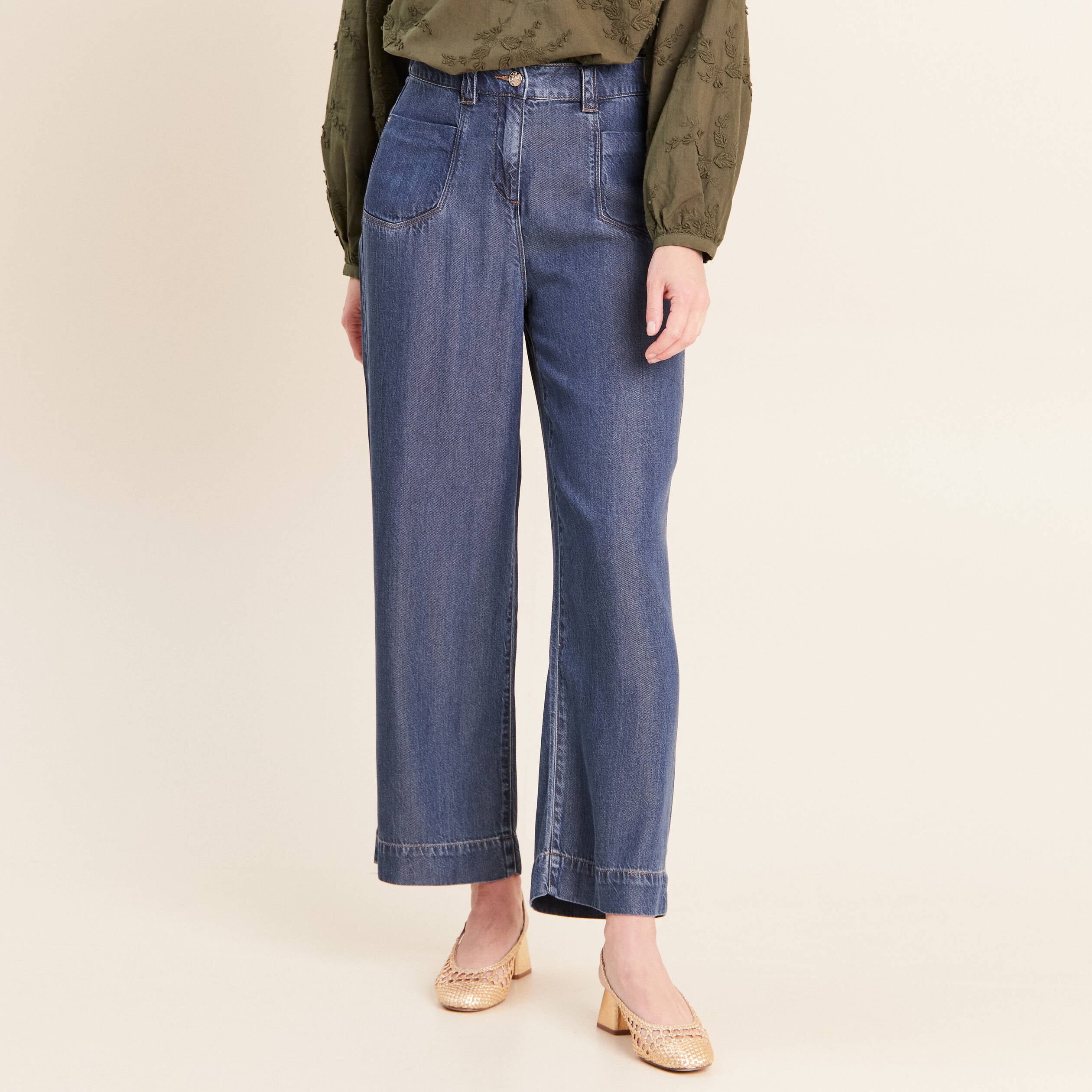 Jean large 7/8&egrave;me denim double stone femme
