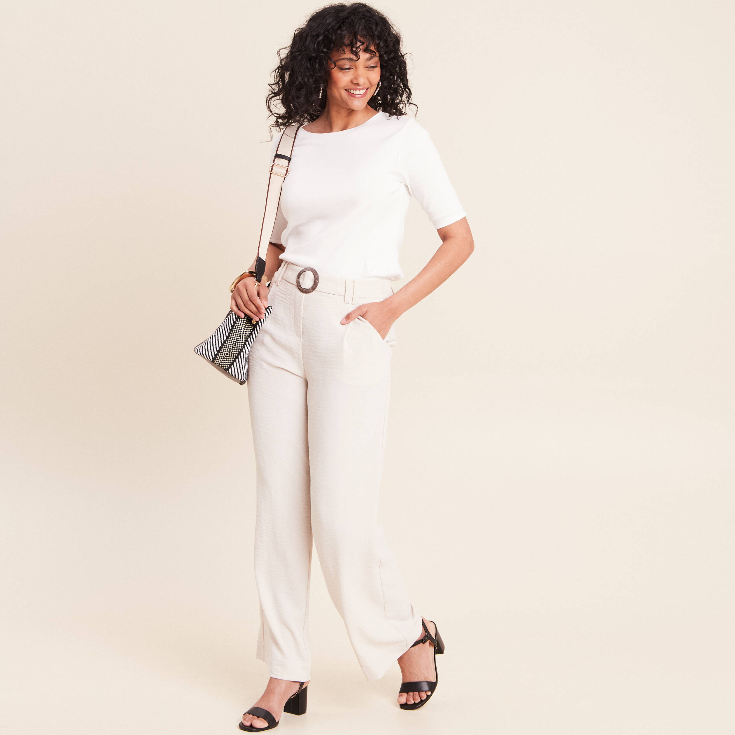 Pantalon large taille haute fluide gris clair femme