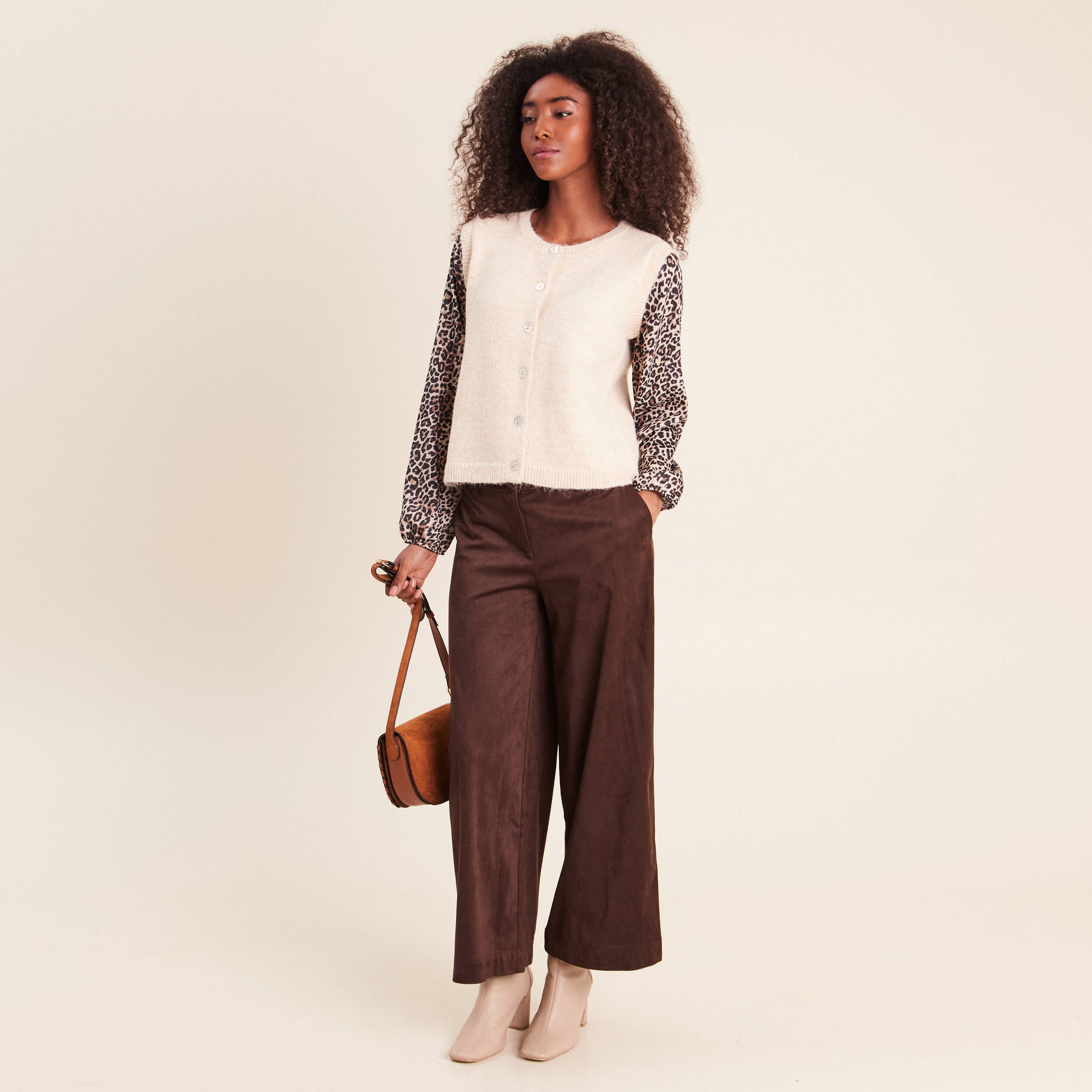 Pull col rond beige femme