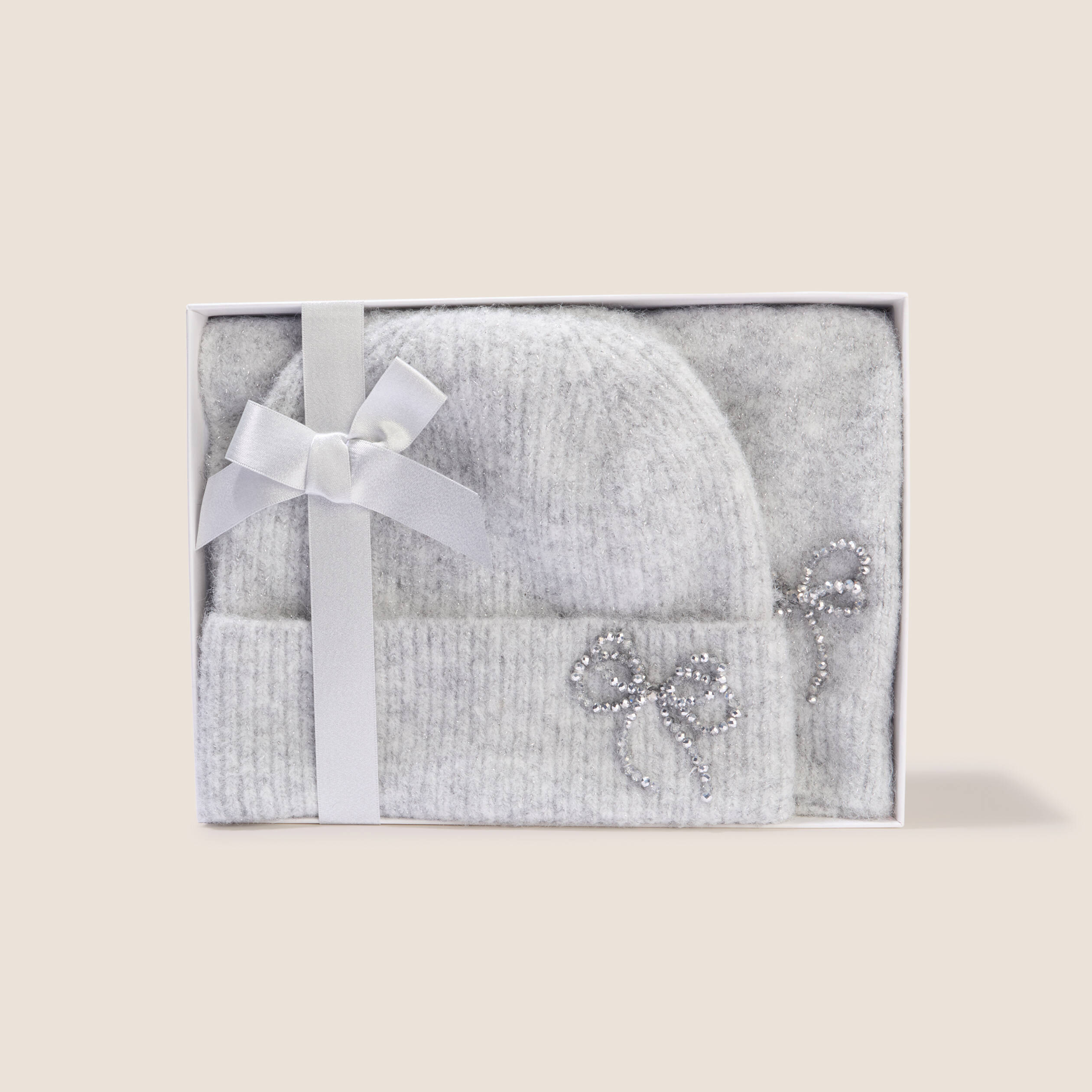 Coffret &eacute;charpe et bonnet &agrave; strass gris clair femme