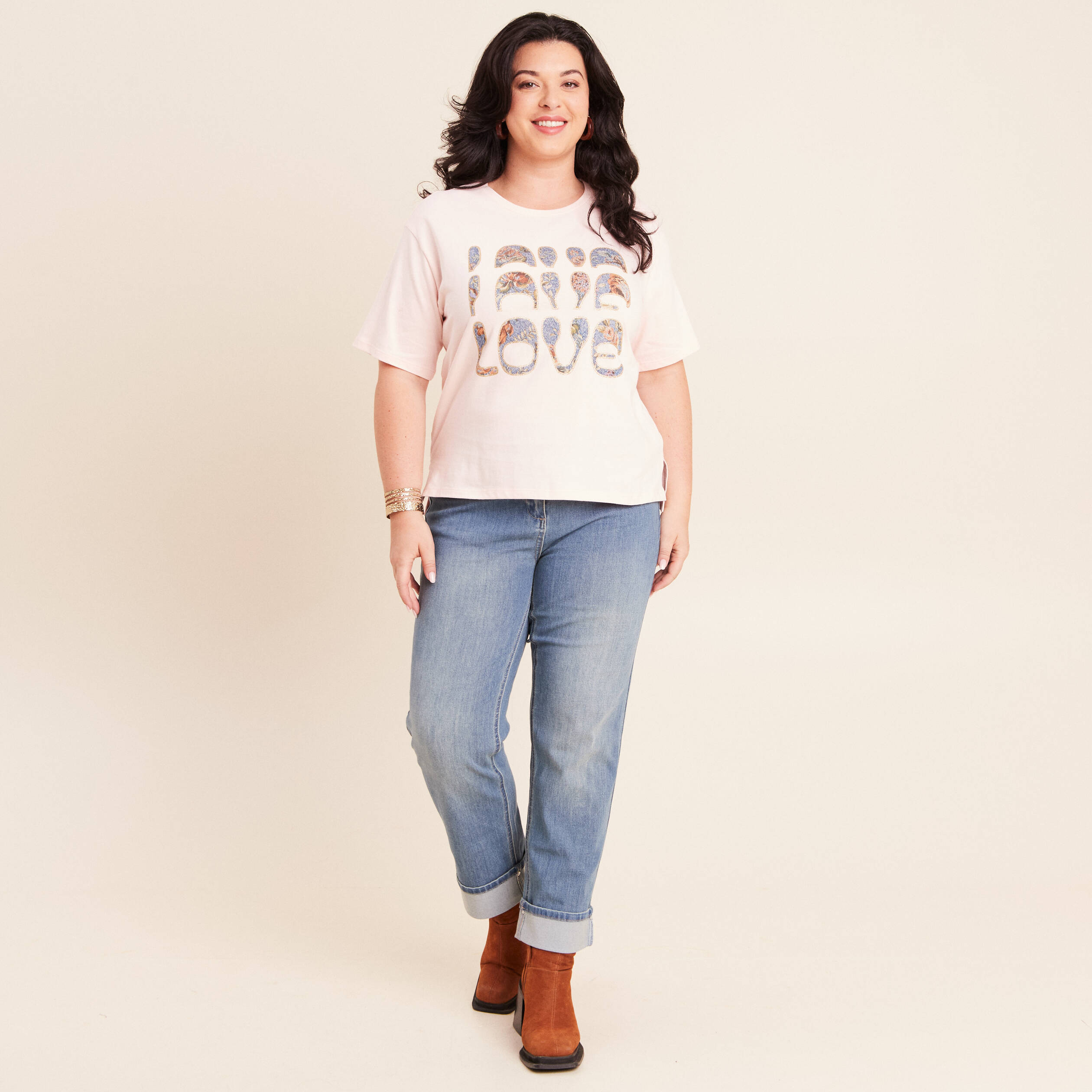 T-shirt col rond manches courtes rose clair femme