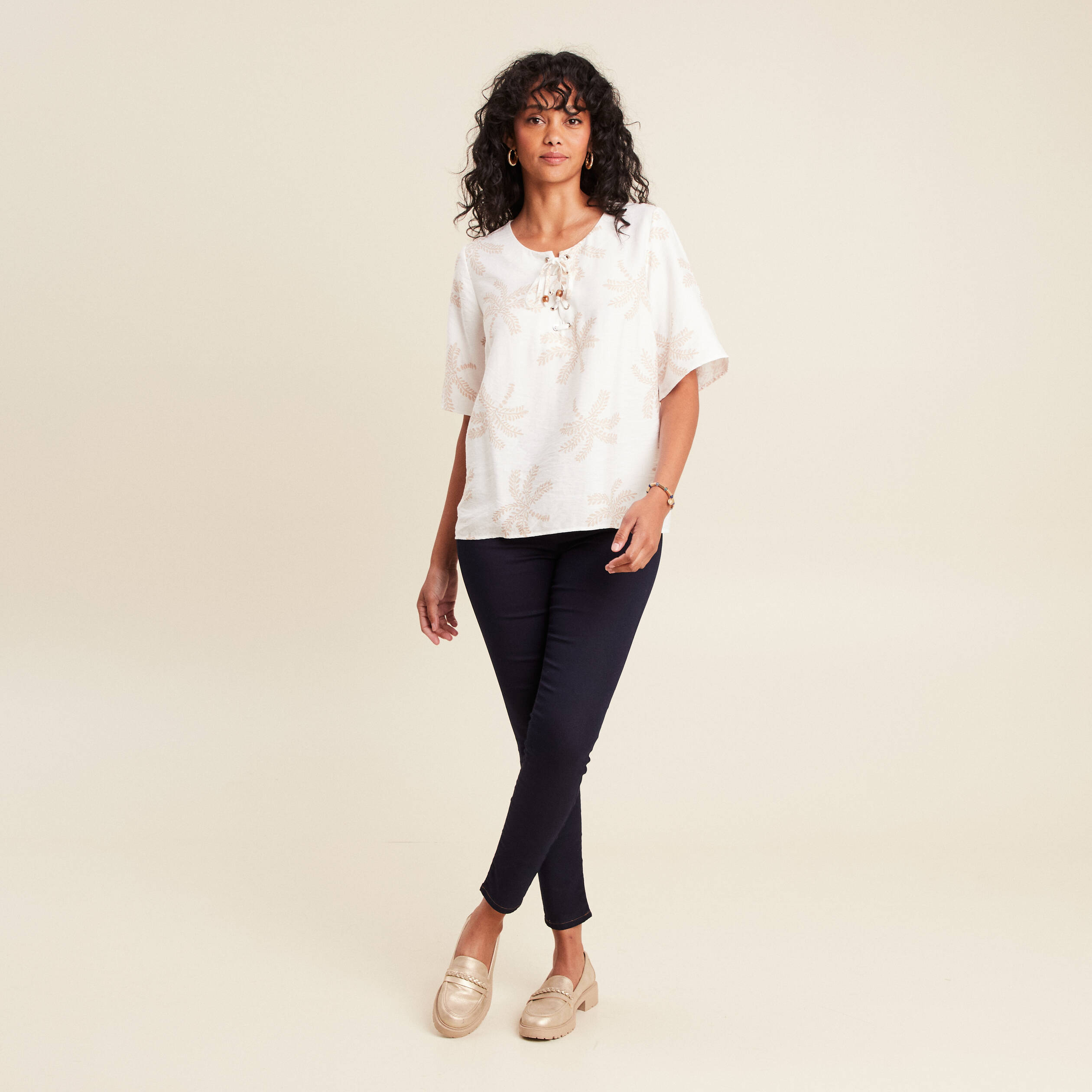 Blouse crêpe manches courtes beige femme