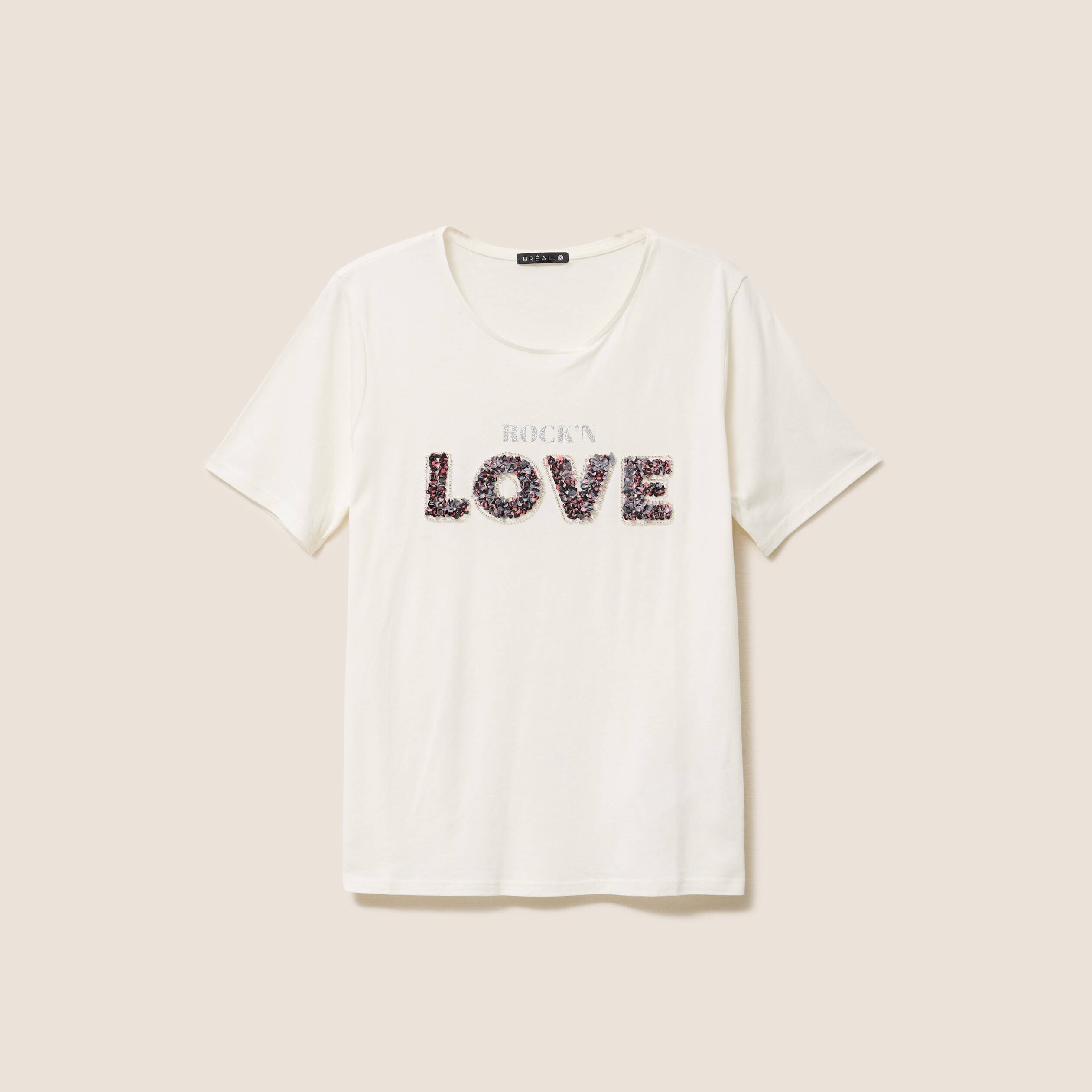 T-shirt &agrave; message col rond ecru femme