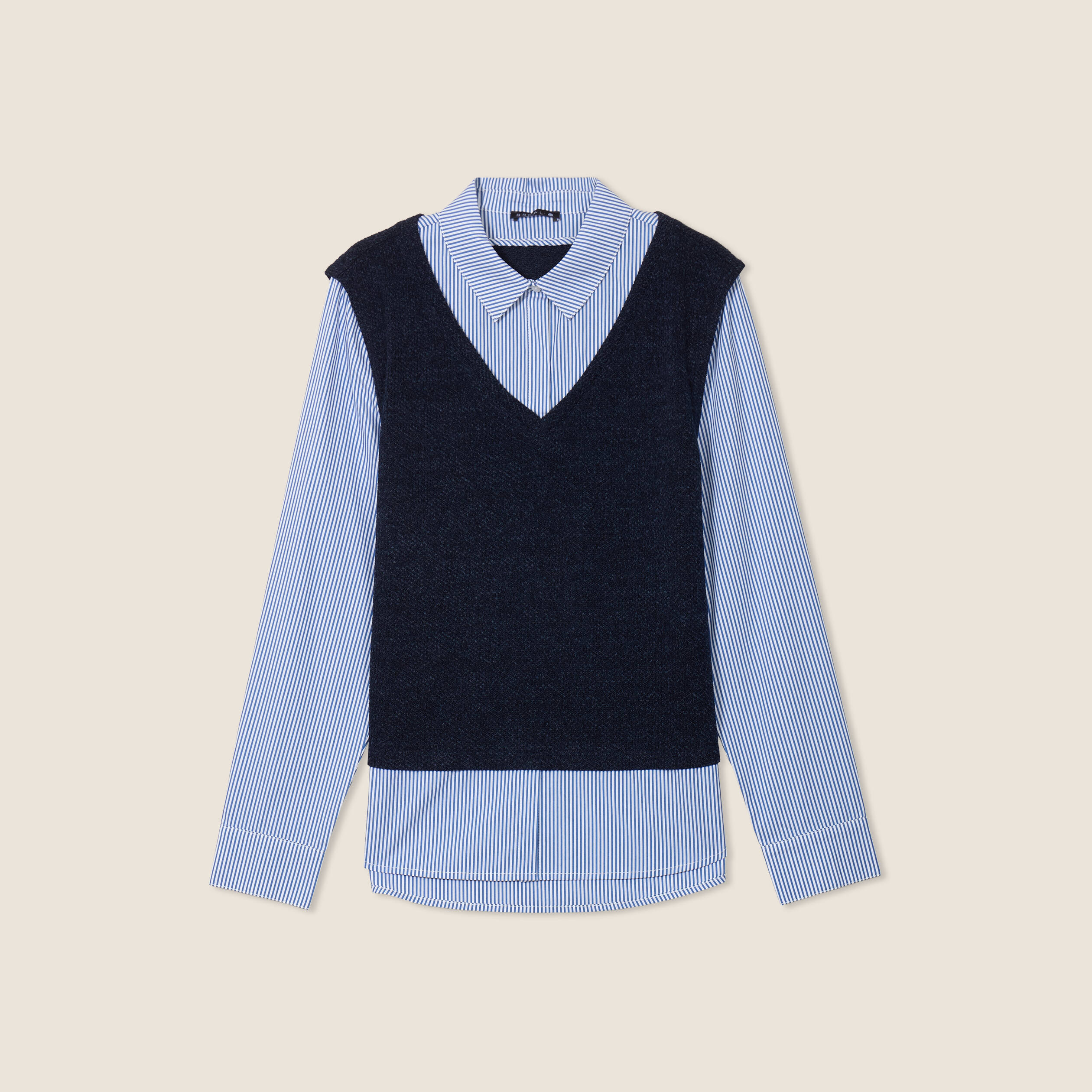 pull effet 2 en 1 chemise bleu fonce femme Pull effet 2-en-1 chemise bleu foncé femme