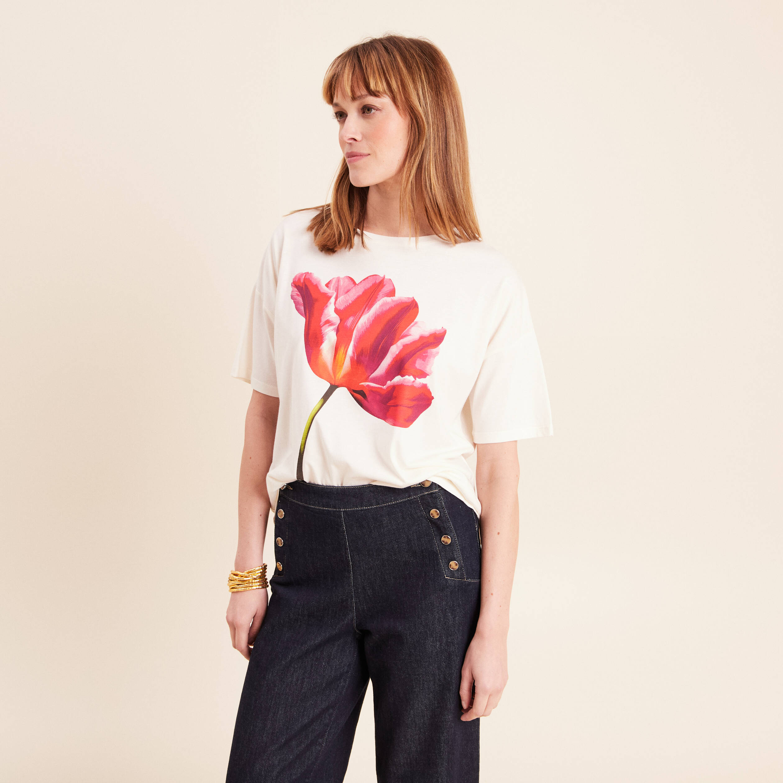 T-shirt col rond manches courtes ecru femme