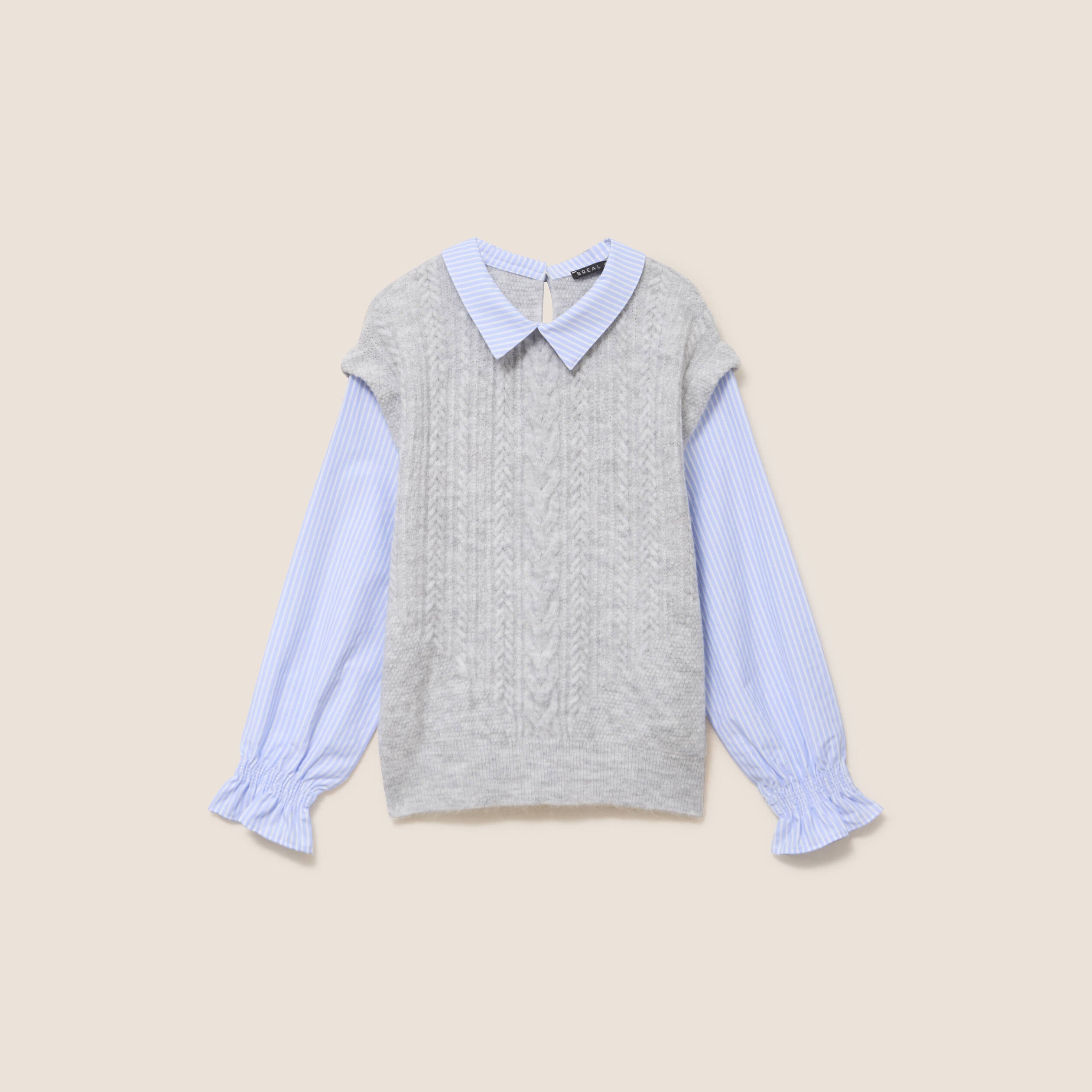 Pull bi-mati&egrave;re col chemise gris clair femme