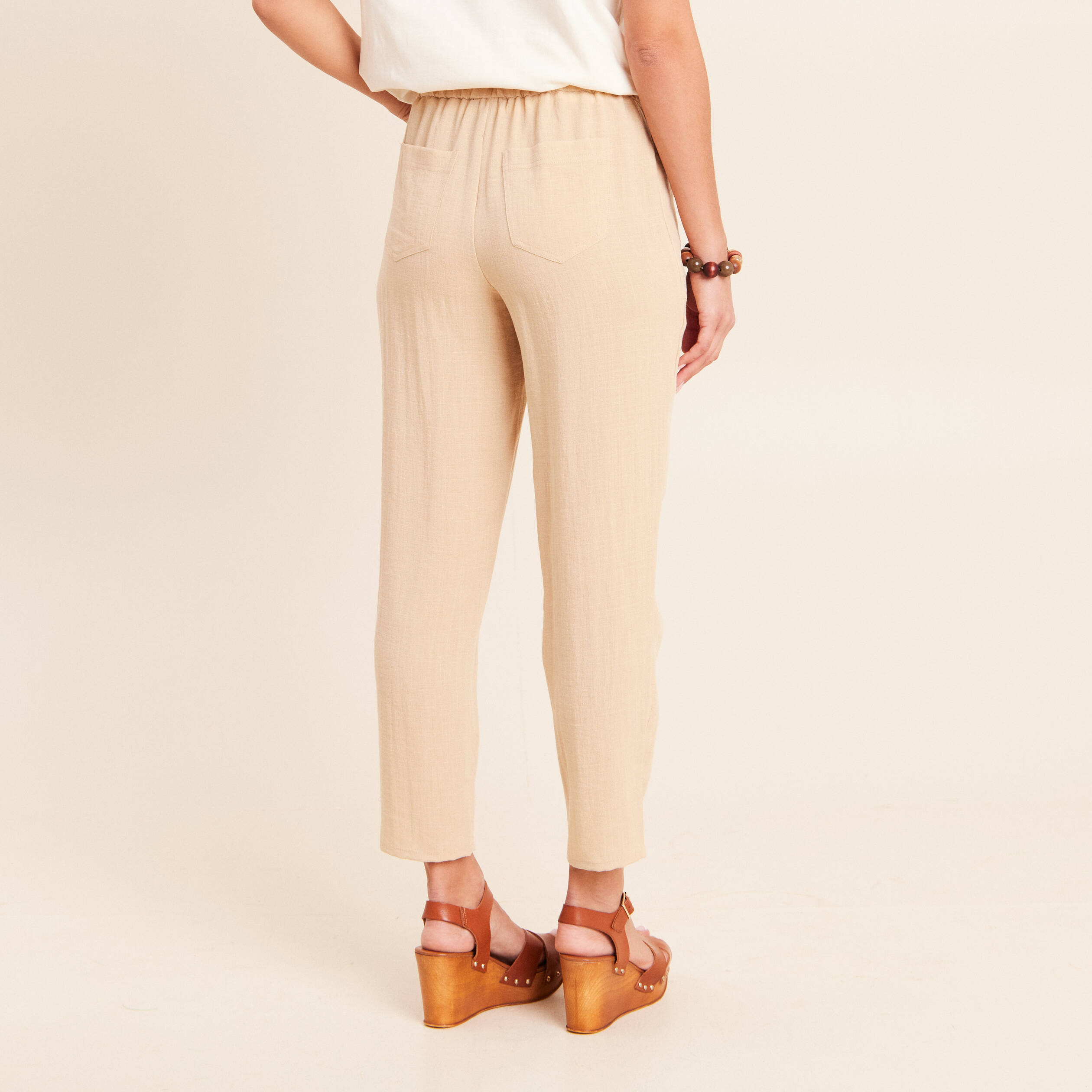 Pantalon mom 7/8&egrave;me en coton beige femme