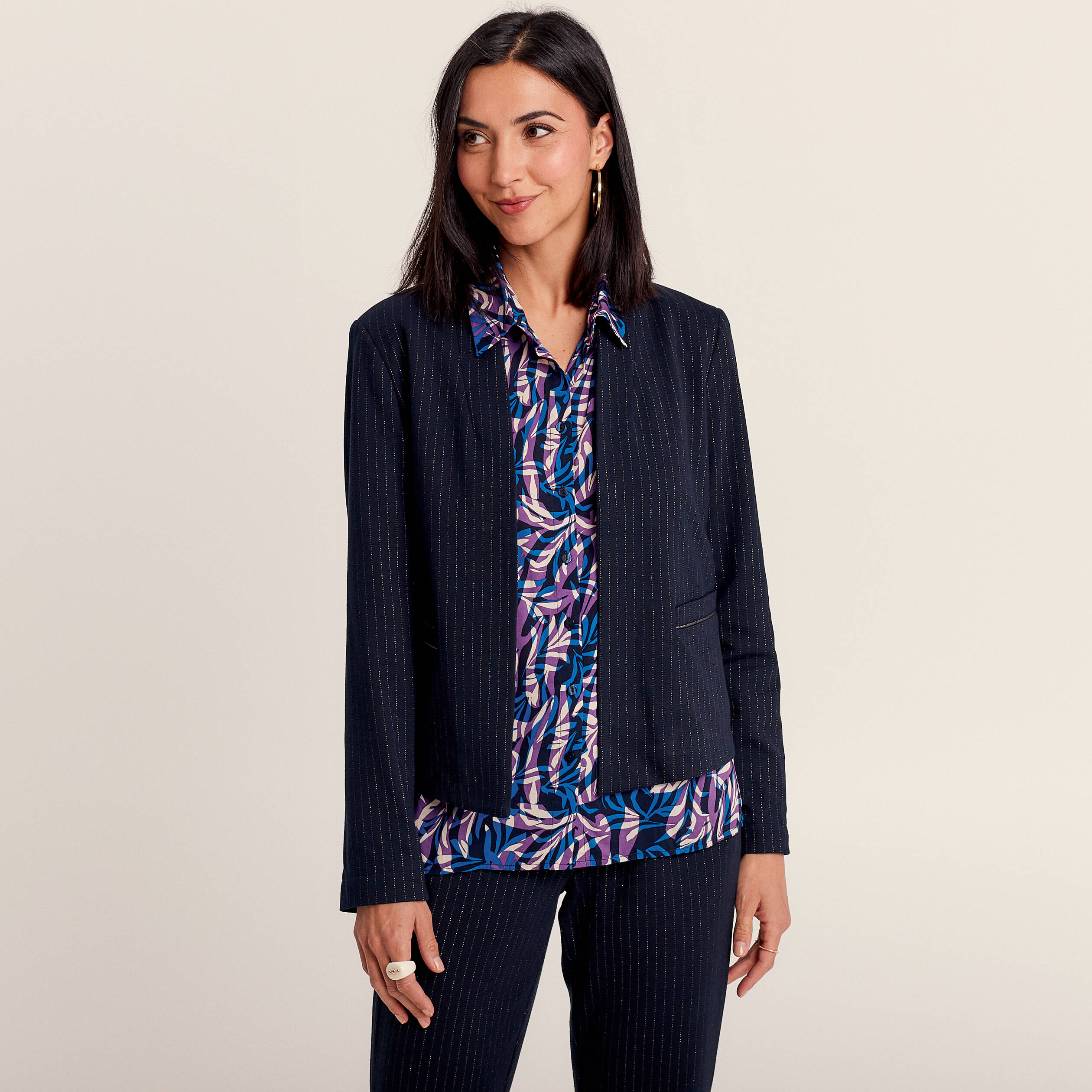 Veste ajustée col châle bleu marine femme
