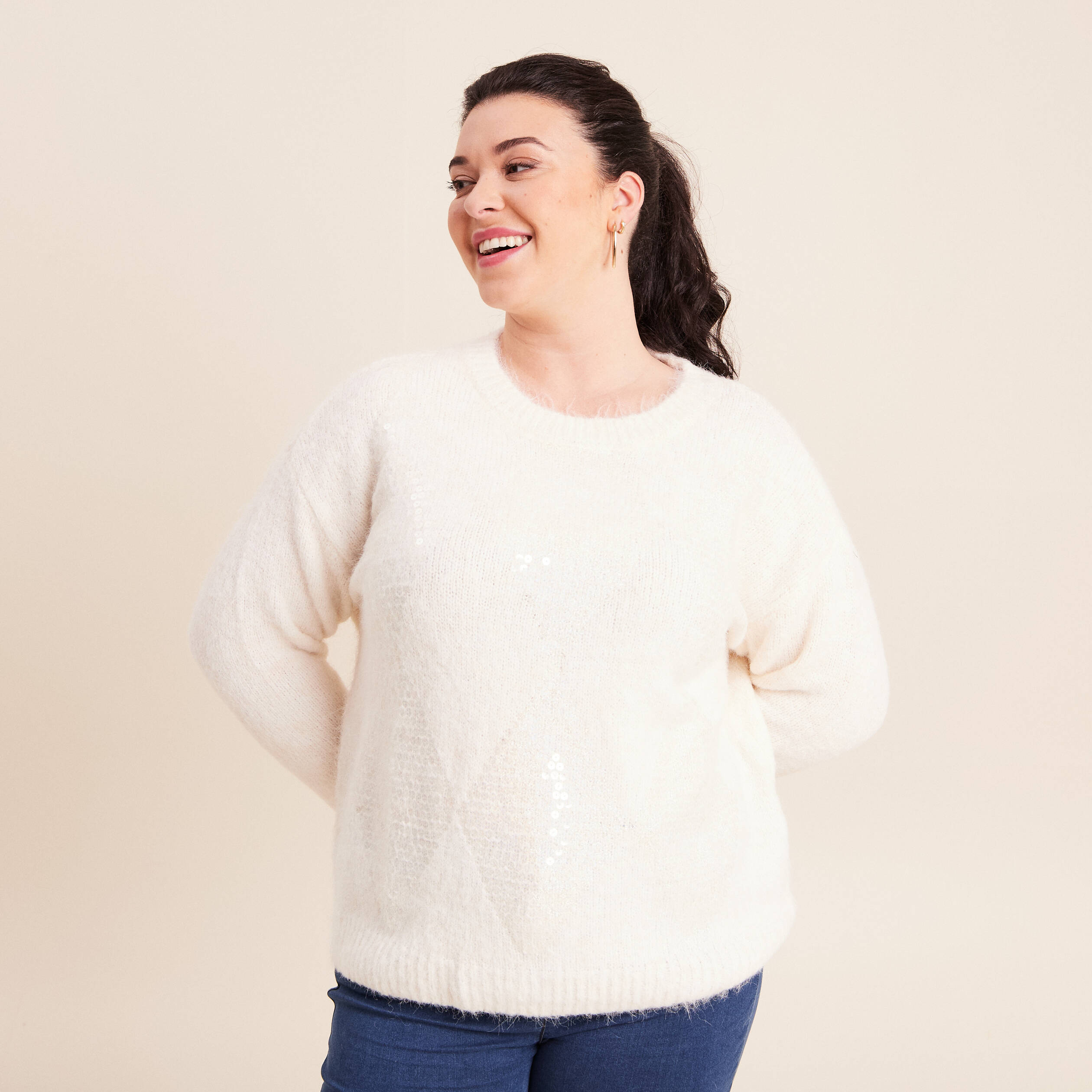 Pull col rond manches longues &agrave; sequins ecru femme