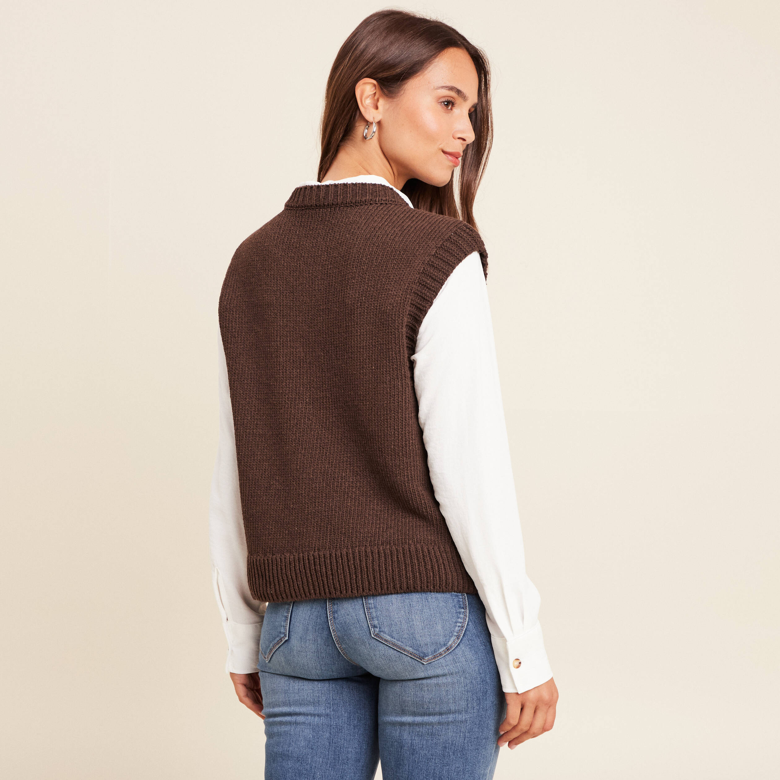 Gilet Femme Victoria Taille 46 Marron - Sans Manches, Boutonné, Classique Et Doublé