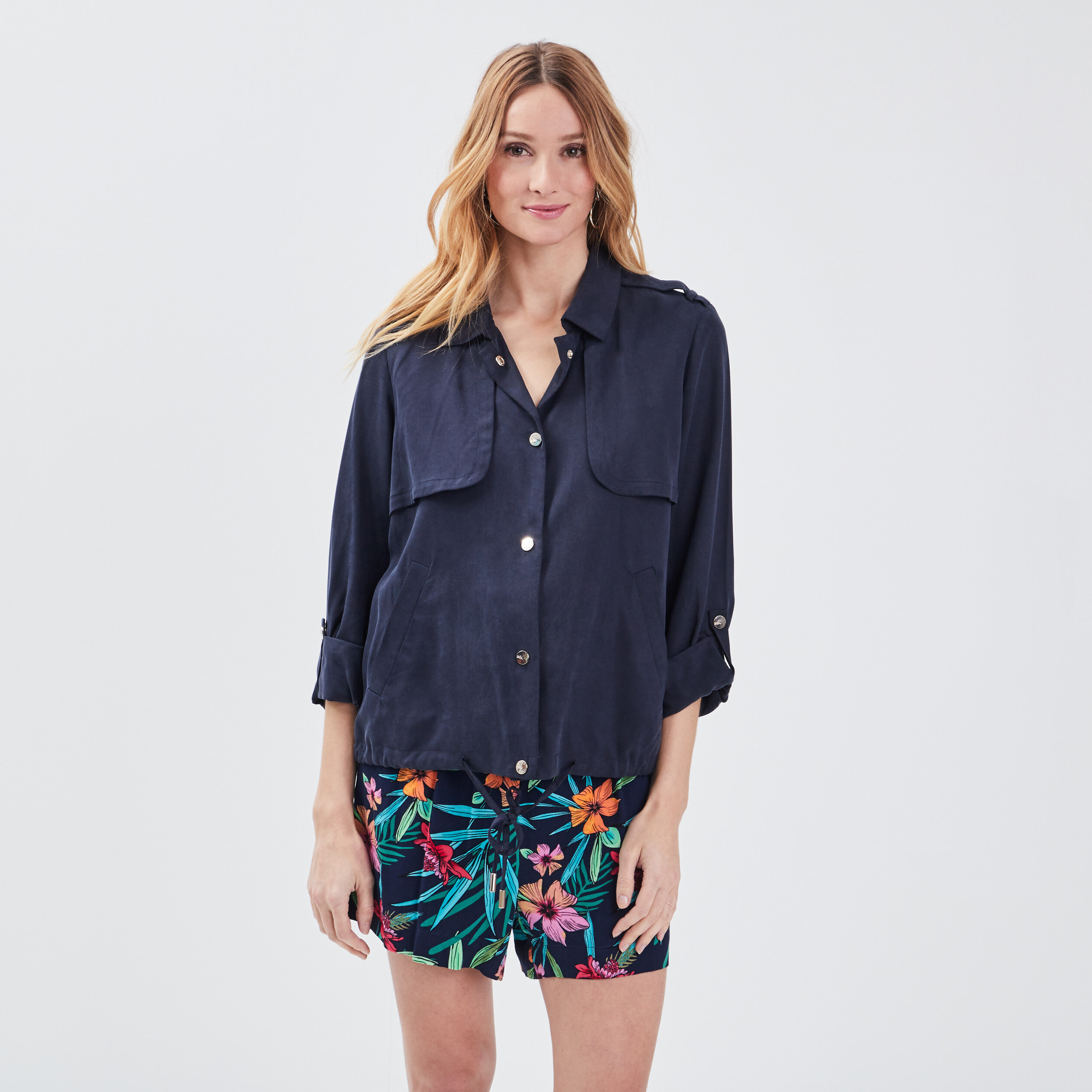 Blouson droit boutonné bleu foncé femme