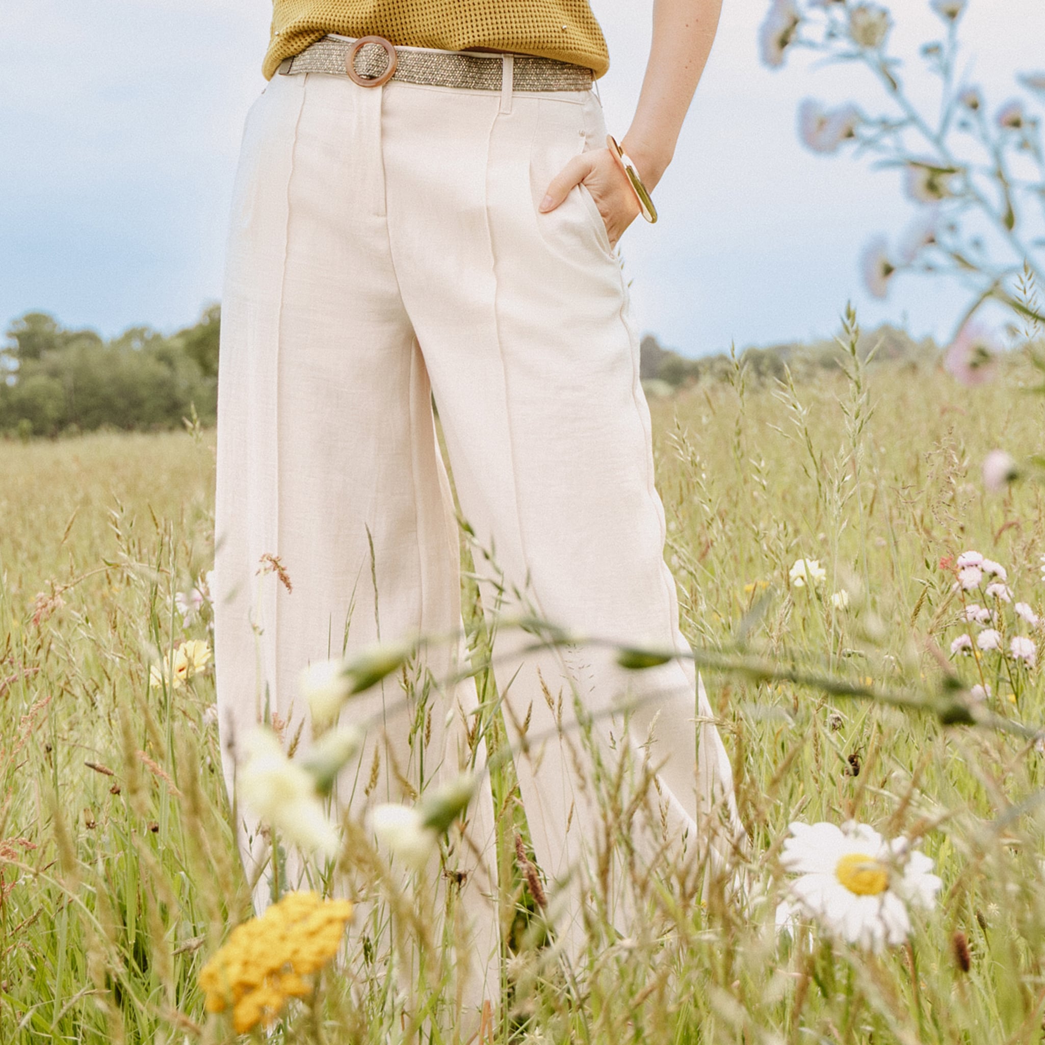 Pantalon large avec ceinture amovible ivoire femme
