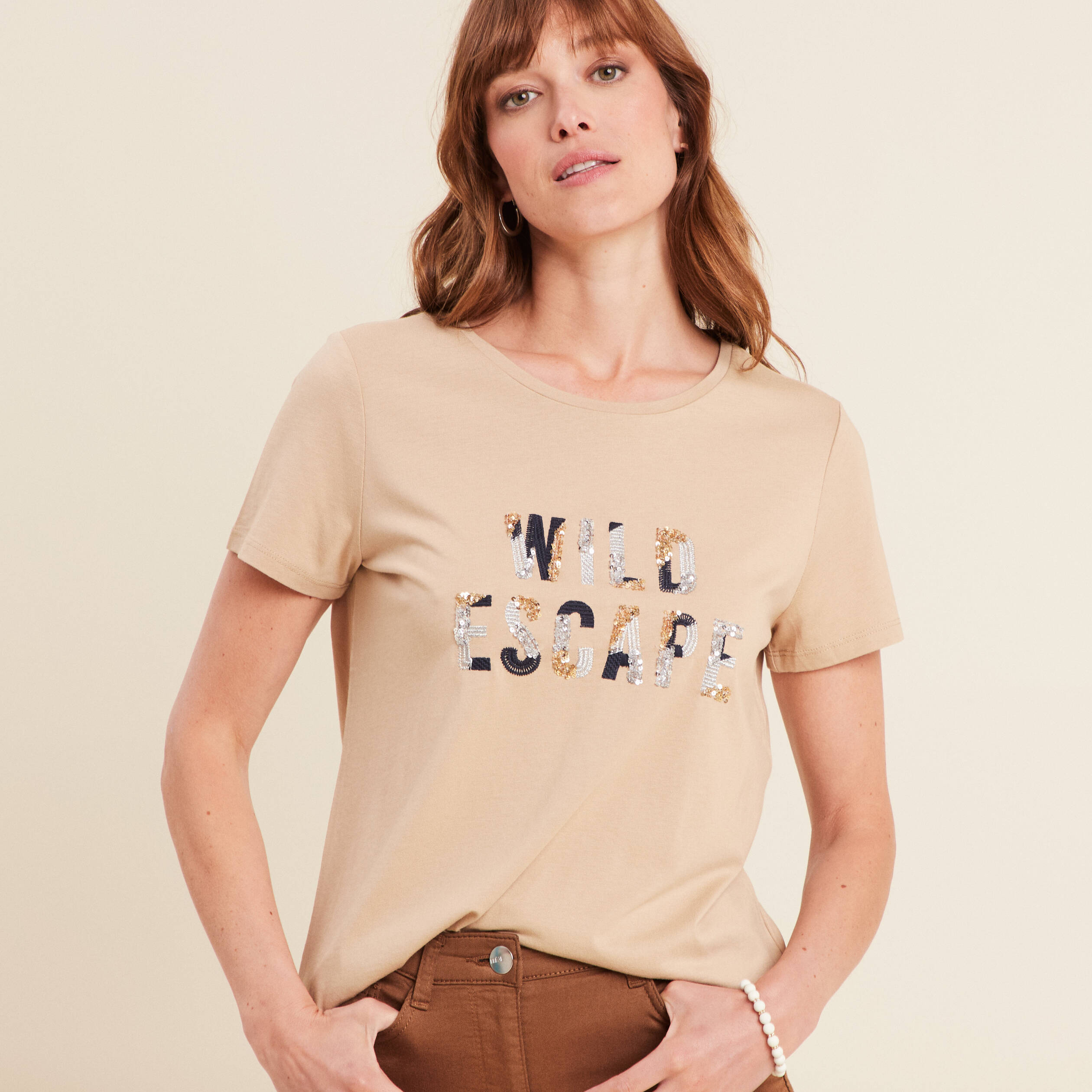 t shirt sequins manches courtes sable femme T-shirt sequins manches courtes sable femme