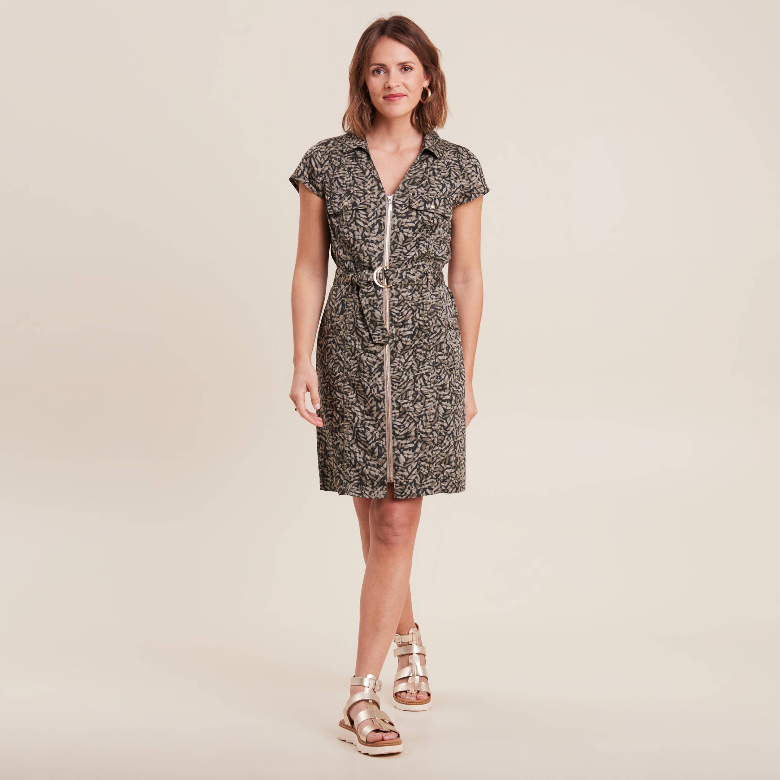 Robe droite zipp&eacute;e vert kaki femme