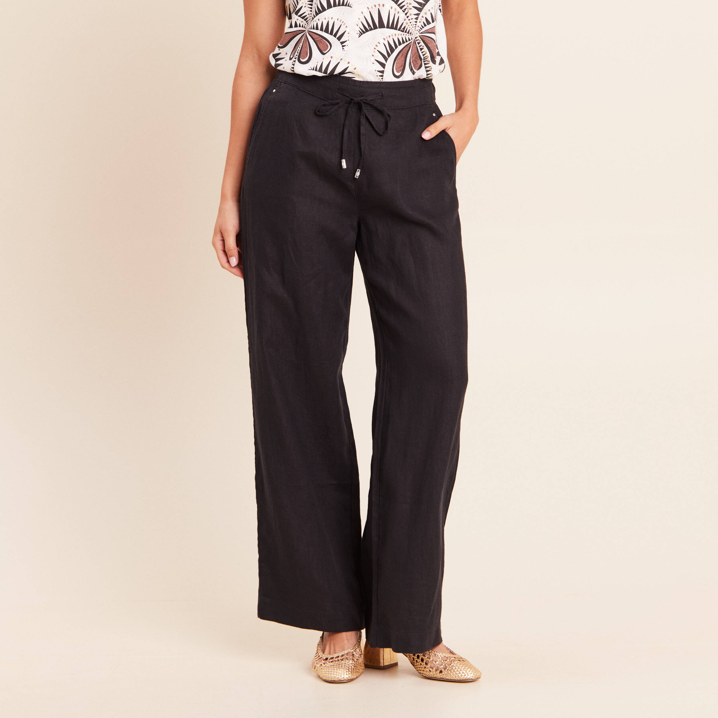 Pantalon large taille haute aspect lin noir femme