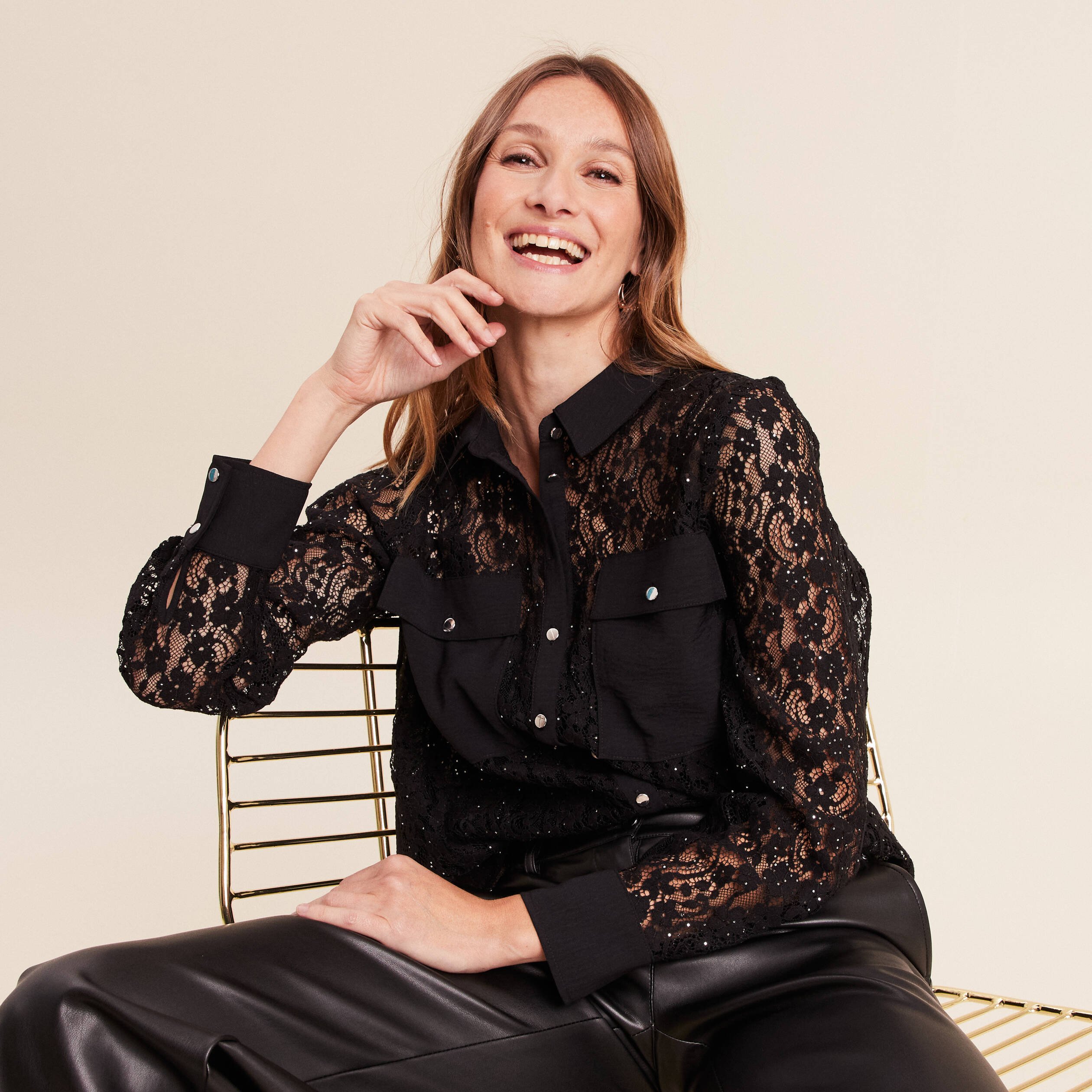 Chemise manches longues strass dentelle noir femme Bréal