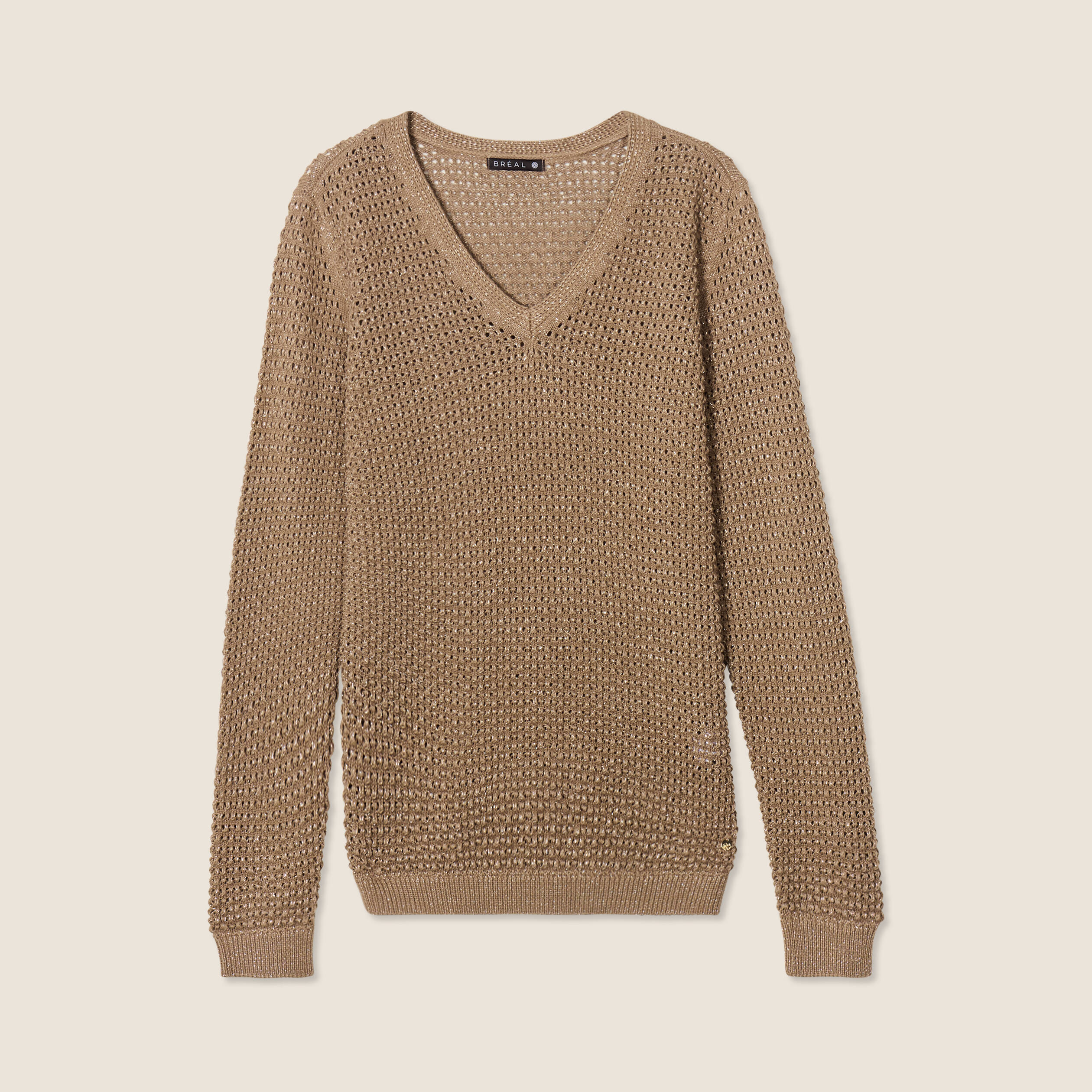 Pull manches longues col en V taupe femme