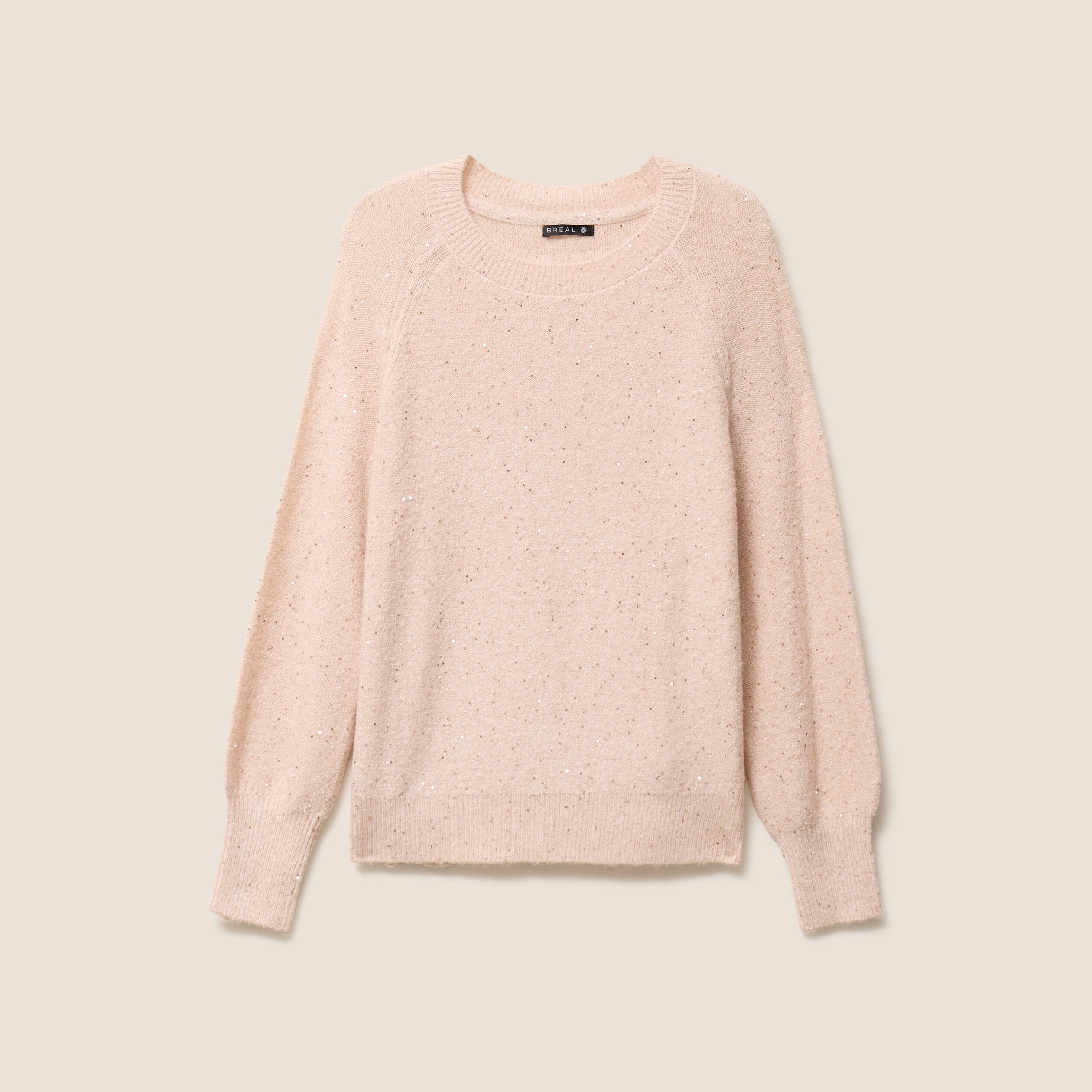 Pull col rond manches longues &agrave; sequins rose poudr&eacute;e femme