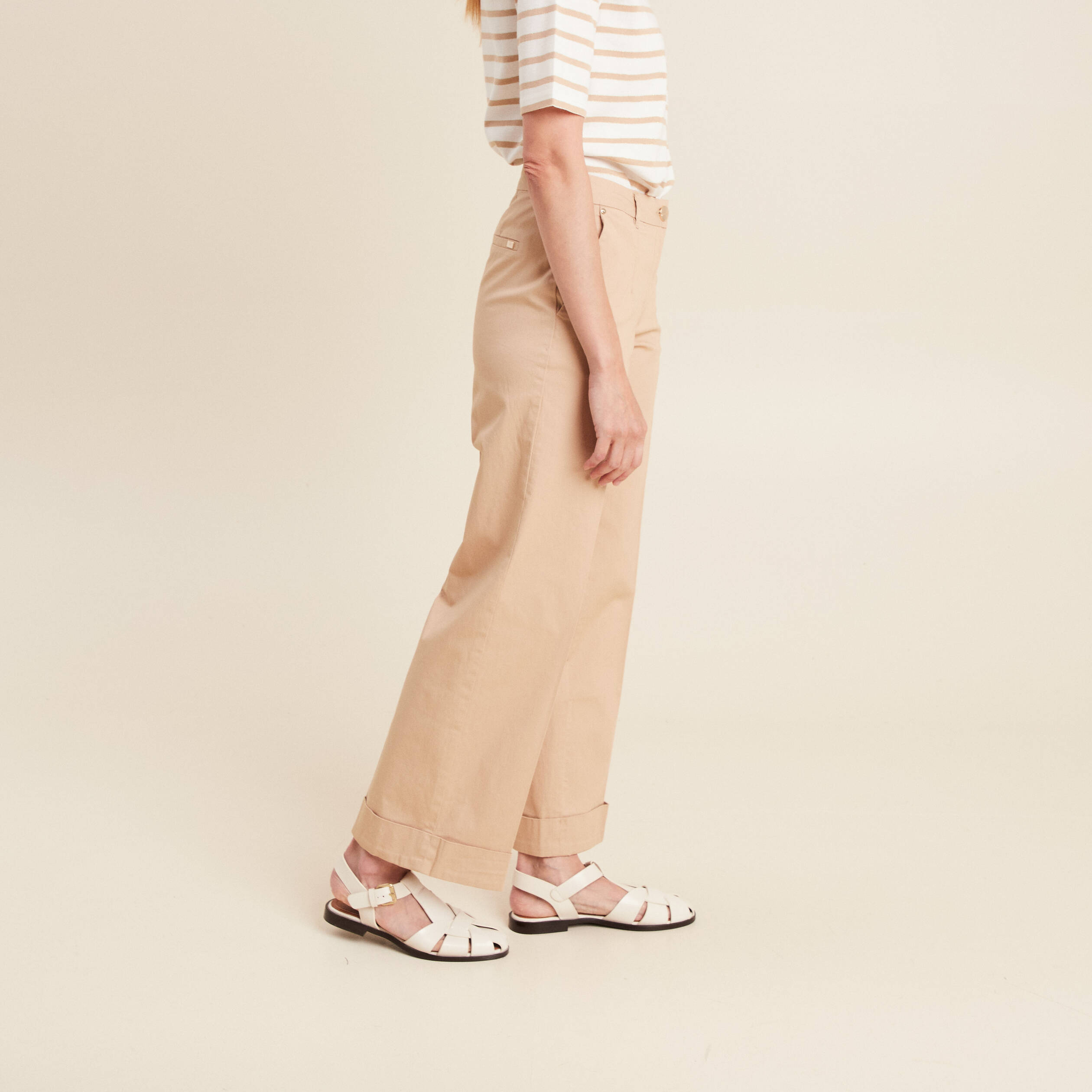 Pantalon large taille basculée beige femme