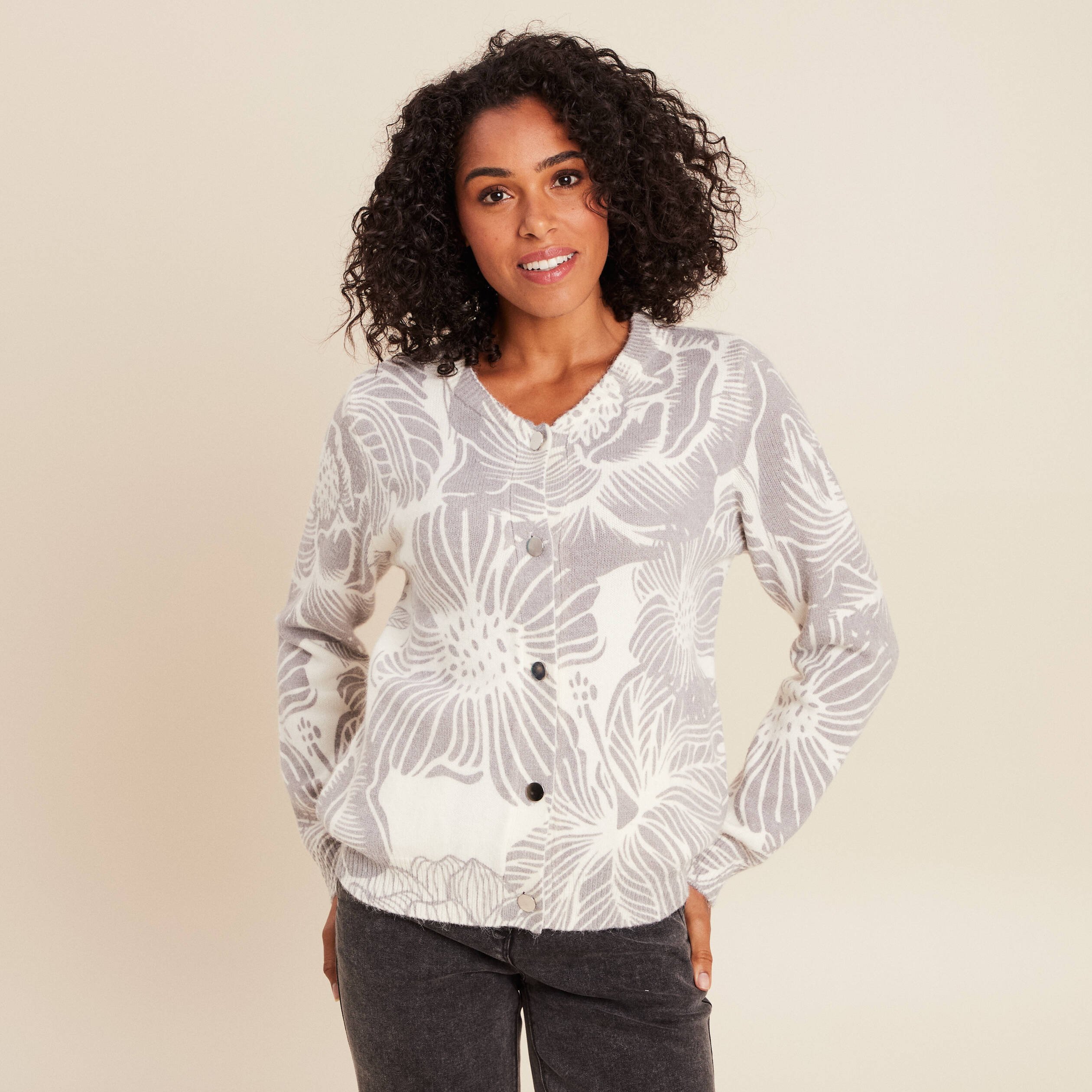 Gilet droit mi-long manches longues gris femme Bréal