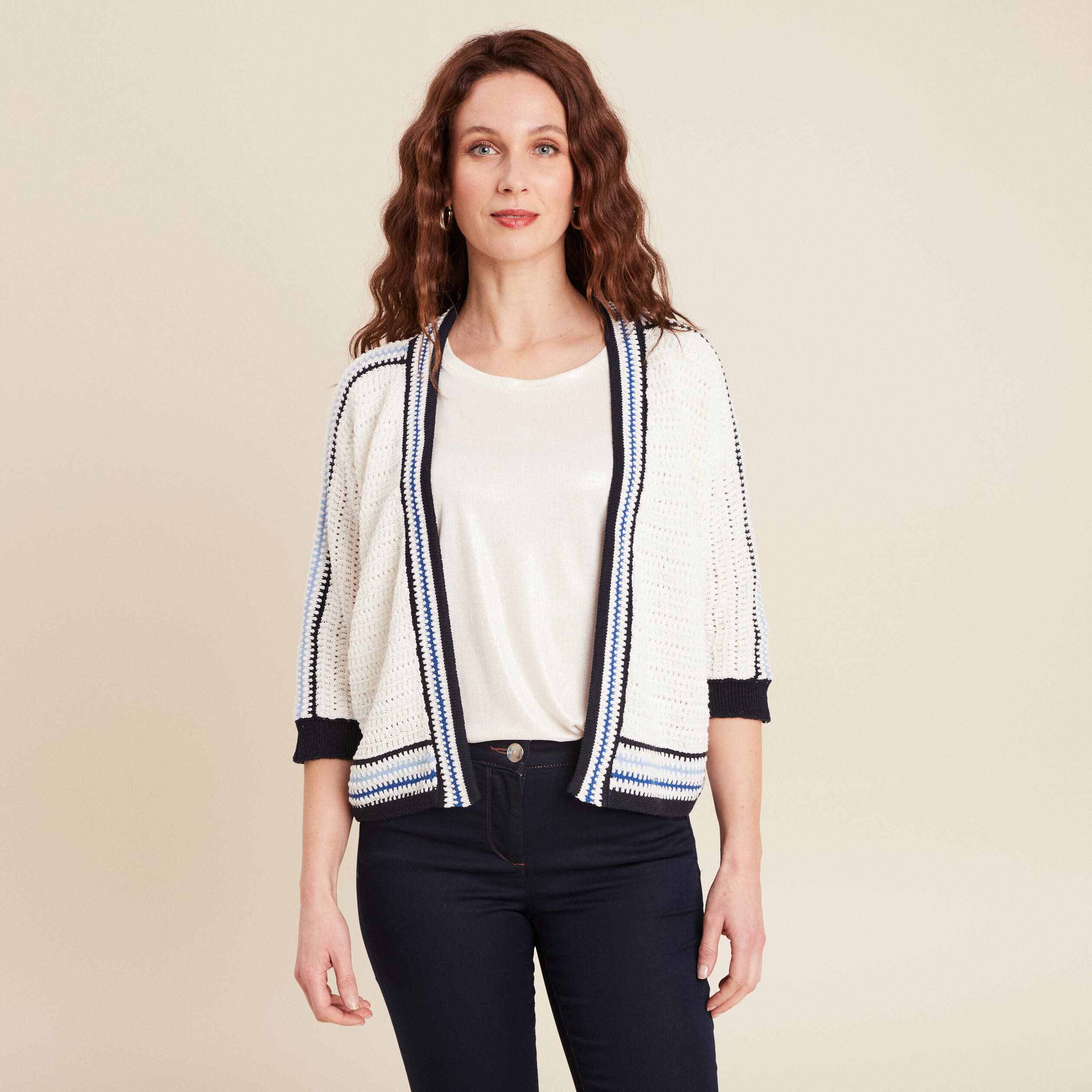 Gilet manches 3/4 ajouré ecru femme