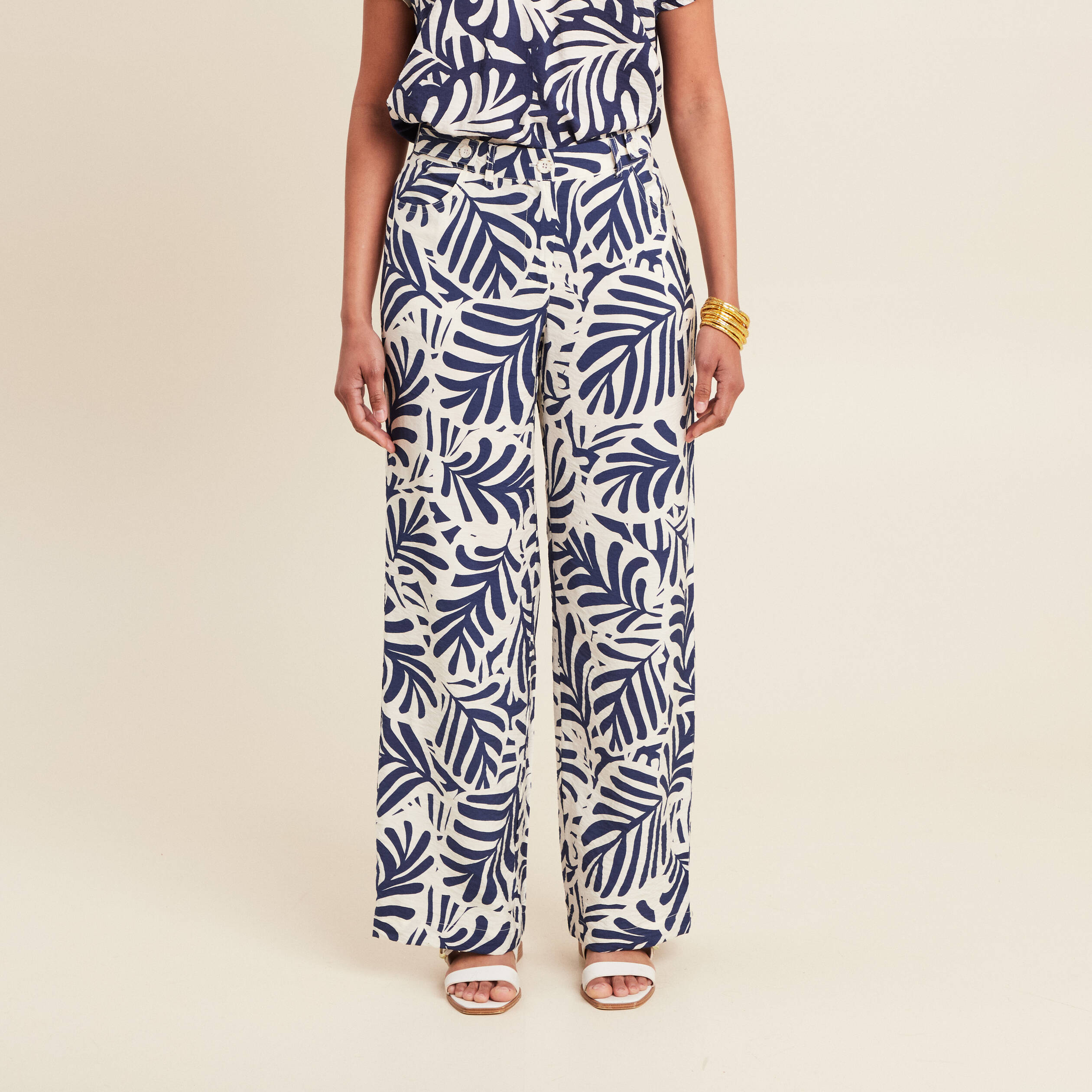 Pantalon flou taille haute blanc femme