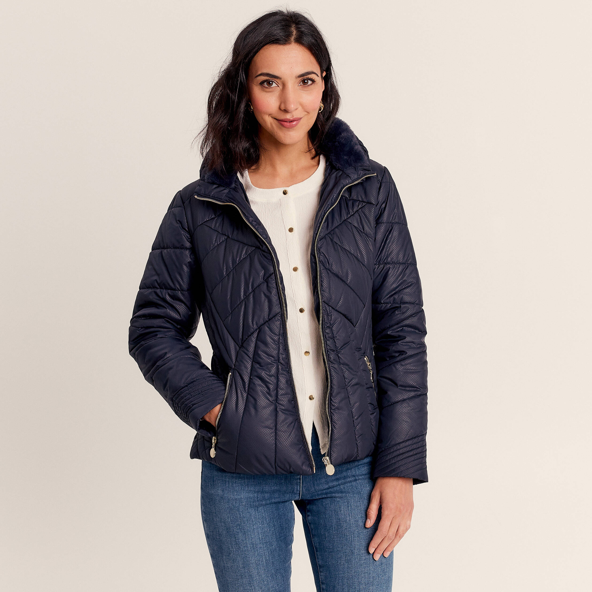 Doudoune déperlante droite zippée bleu foncé femme