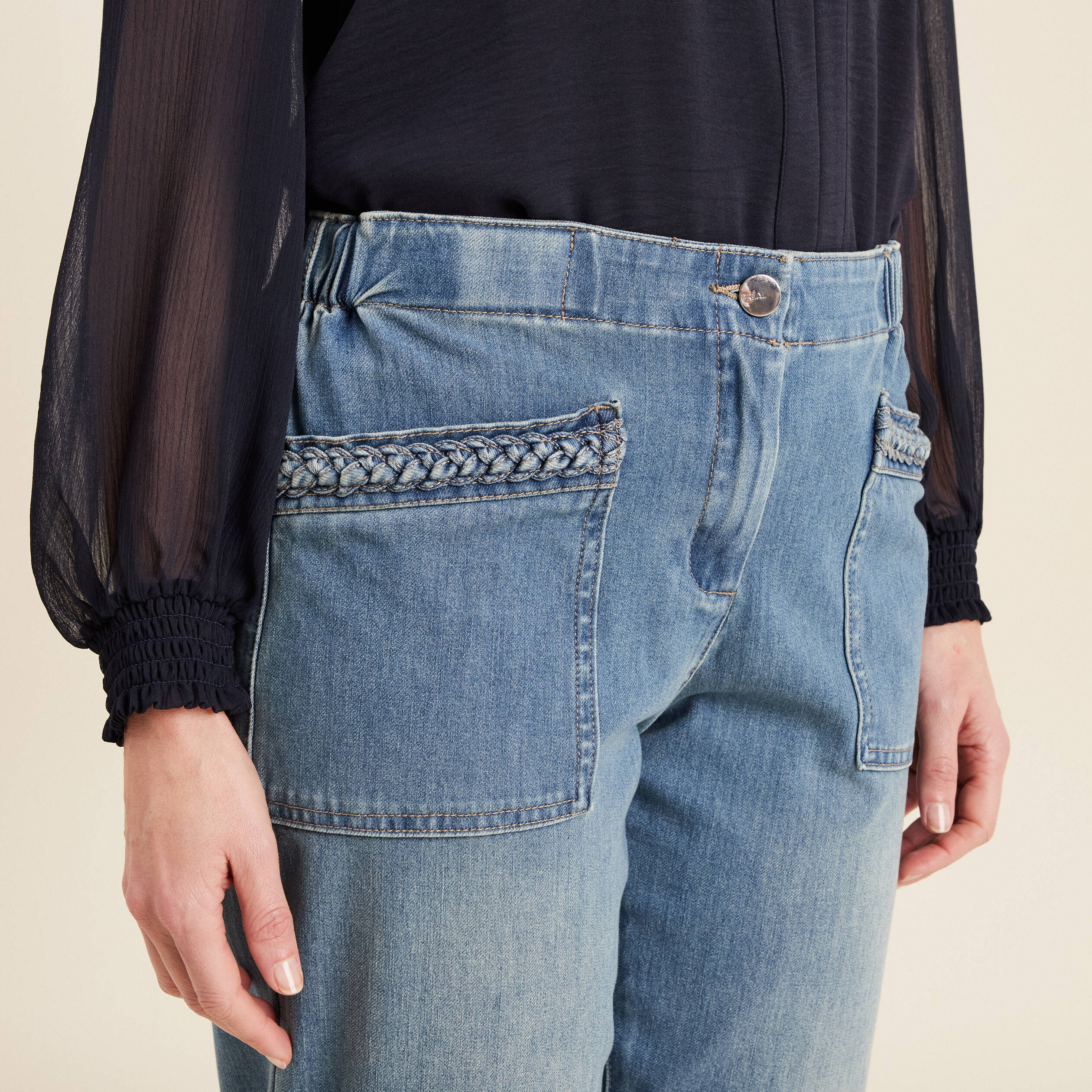 Jean paperbag détails tressés denim double stone femme