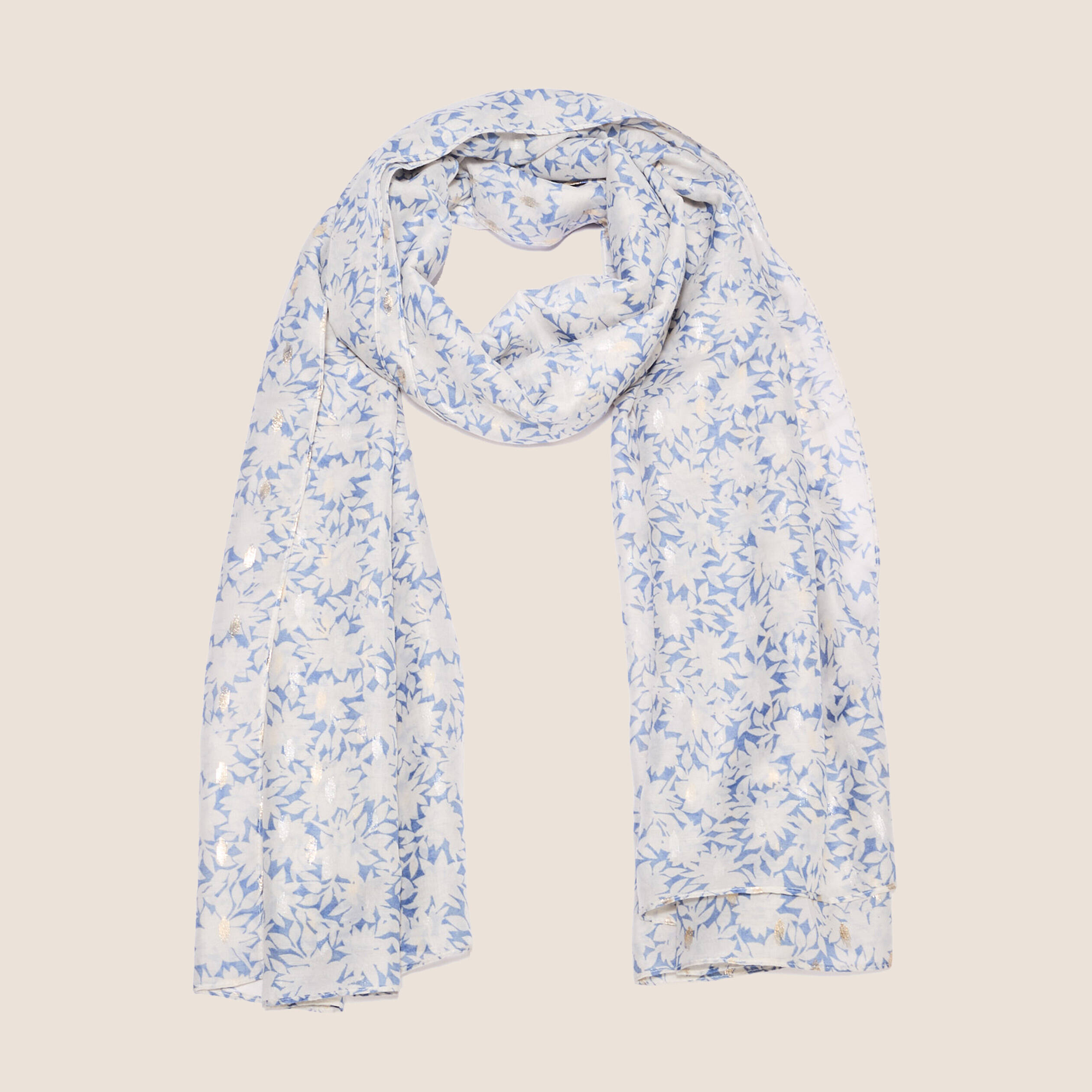 Foulard Bleu Ciel imprimé brillant doré motif feuille - La Malle de Mary