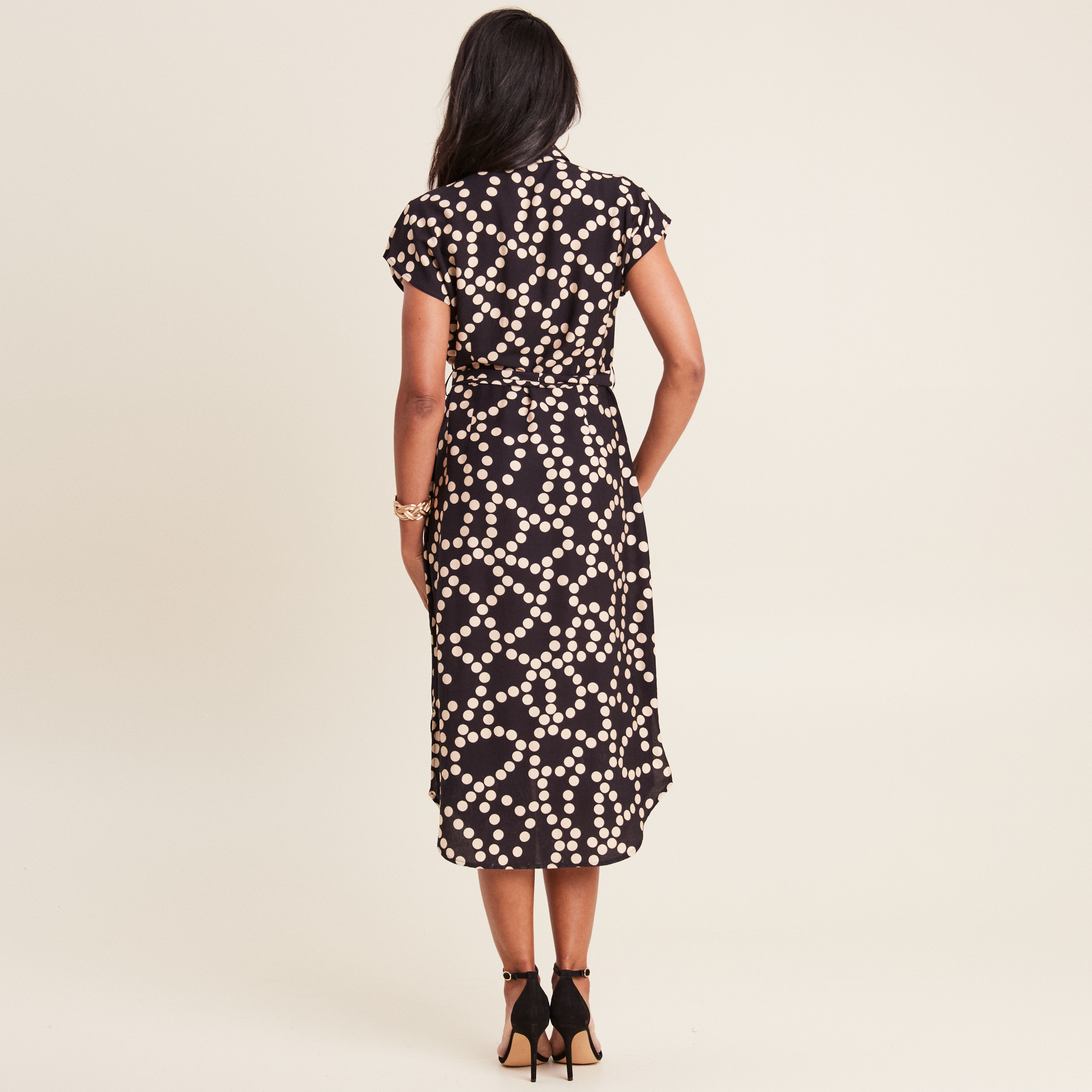 Robe chemise midi ceinturée noir femme