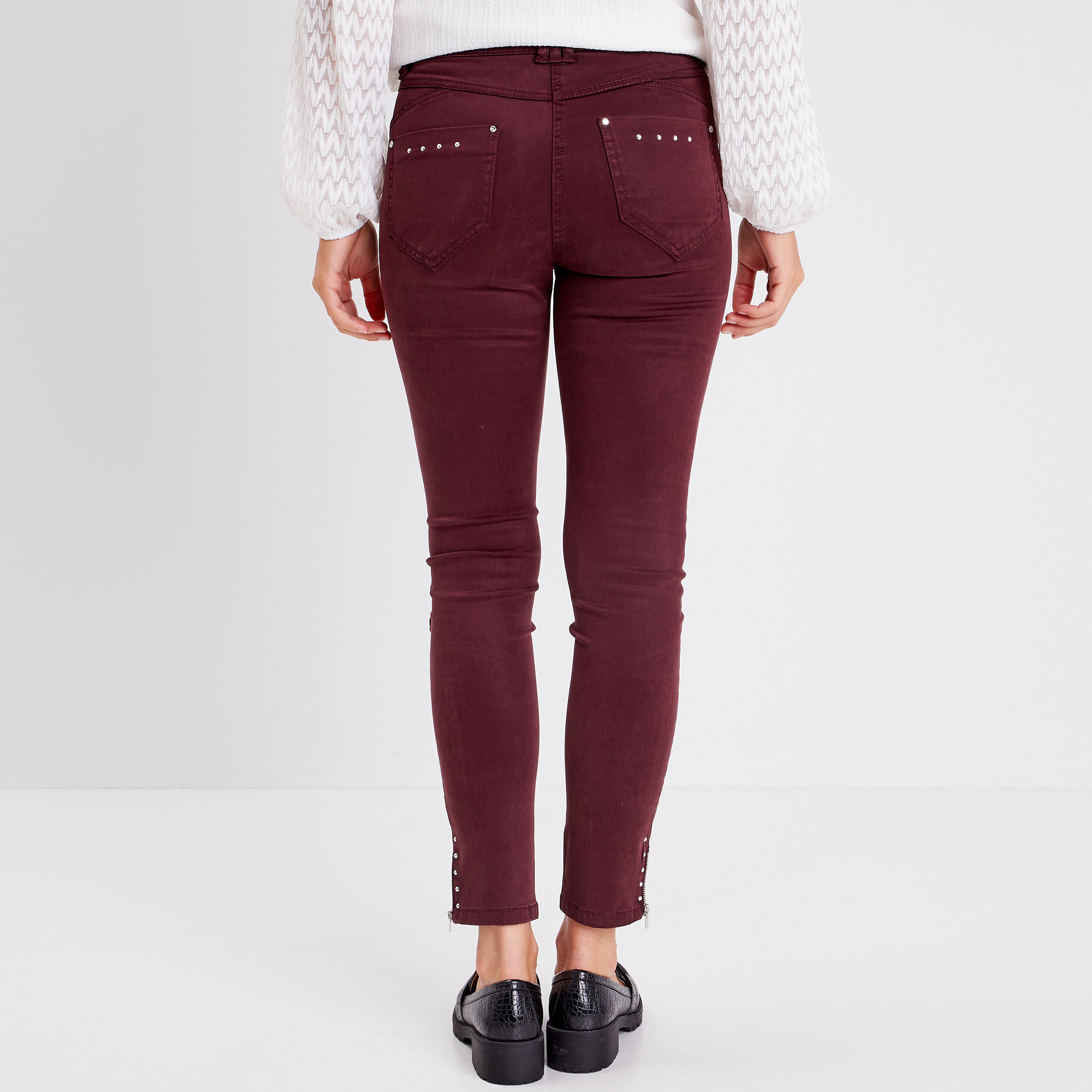 Pantalon slim taille basculée rouge foncé femme
