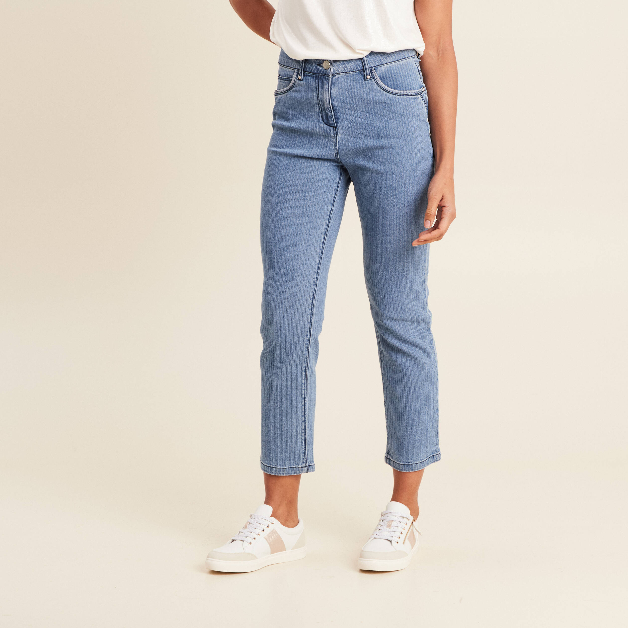 Jean ajusté effet velours denim double stone femme