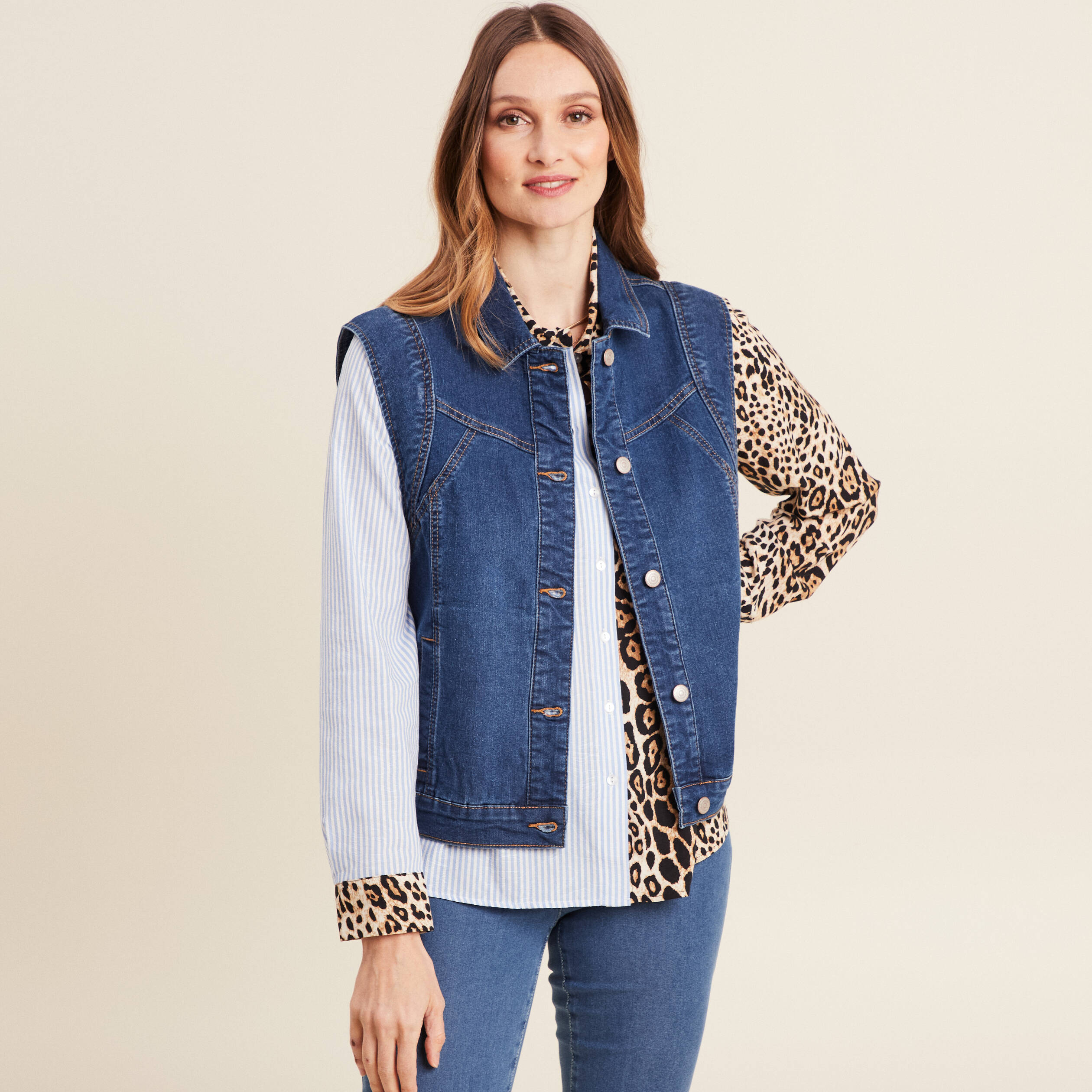 Veste sans manches en jean denim stone femme