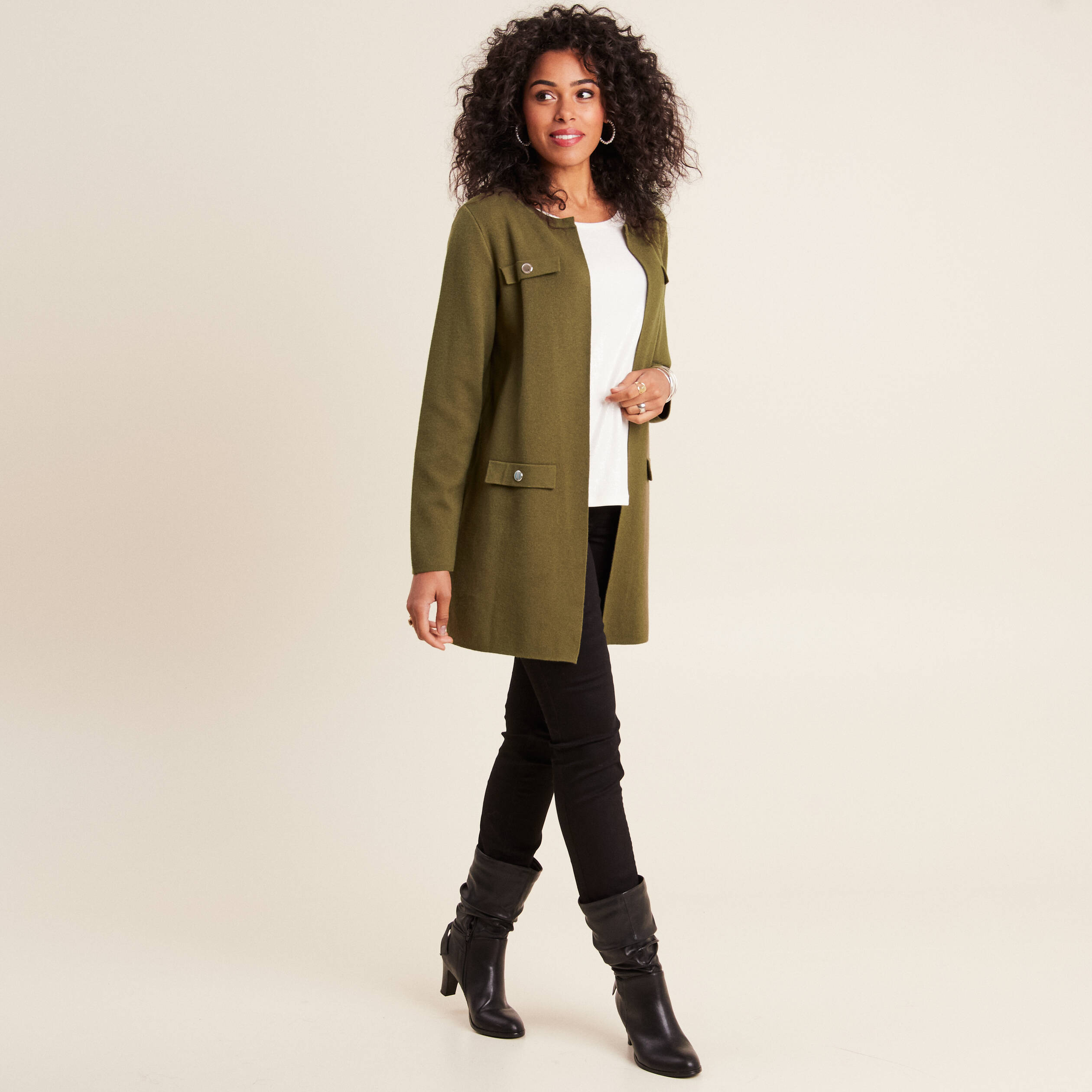 Gilet manches longues vert kaki femme