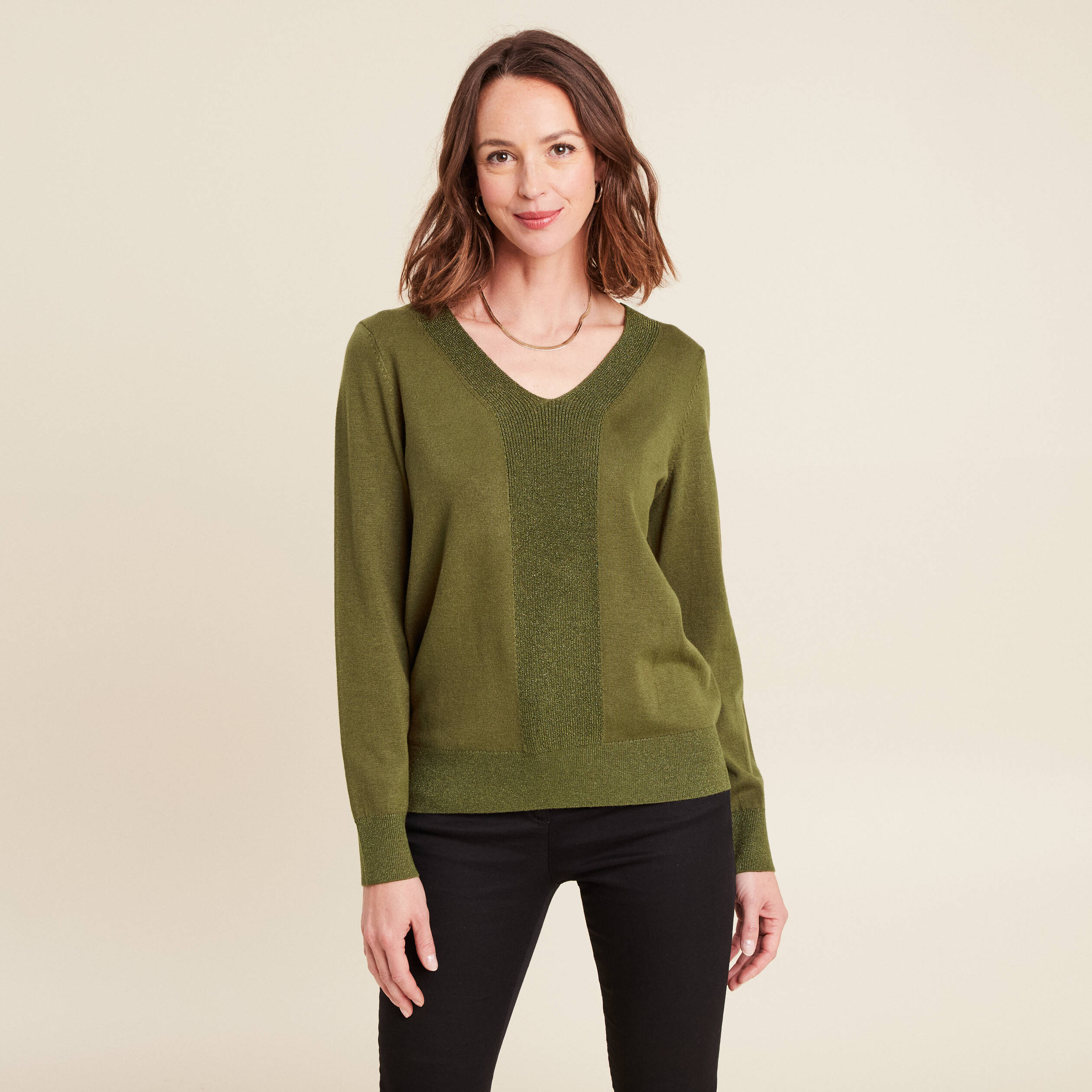 Pull manches longues vert kaki femme Bréal