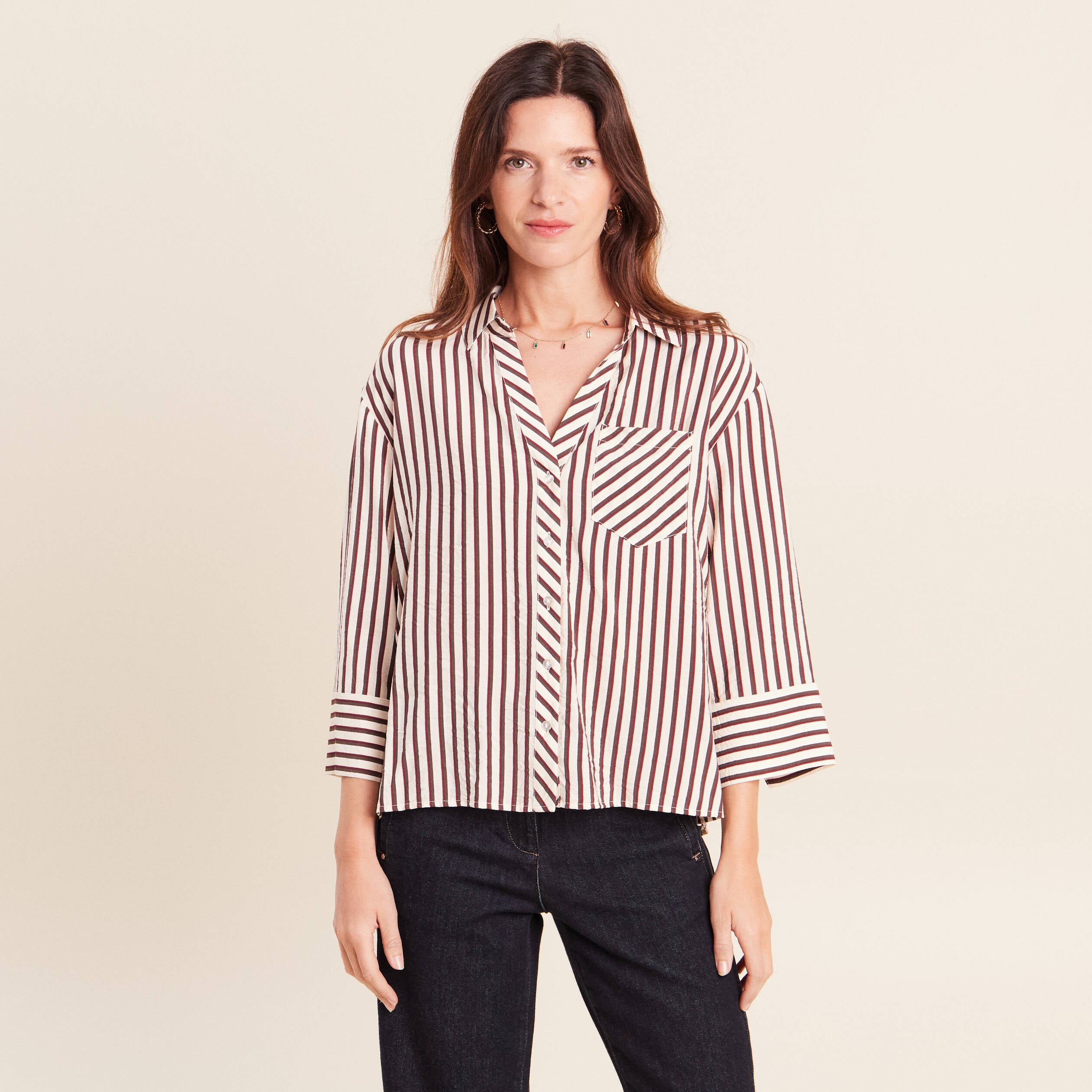 Chemise ample manches 3/4 marron femme