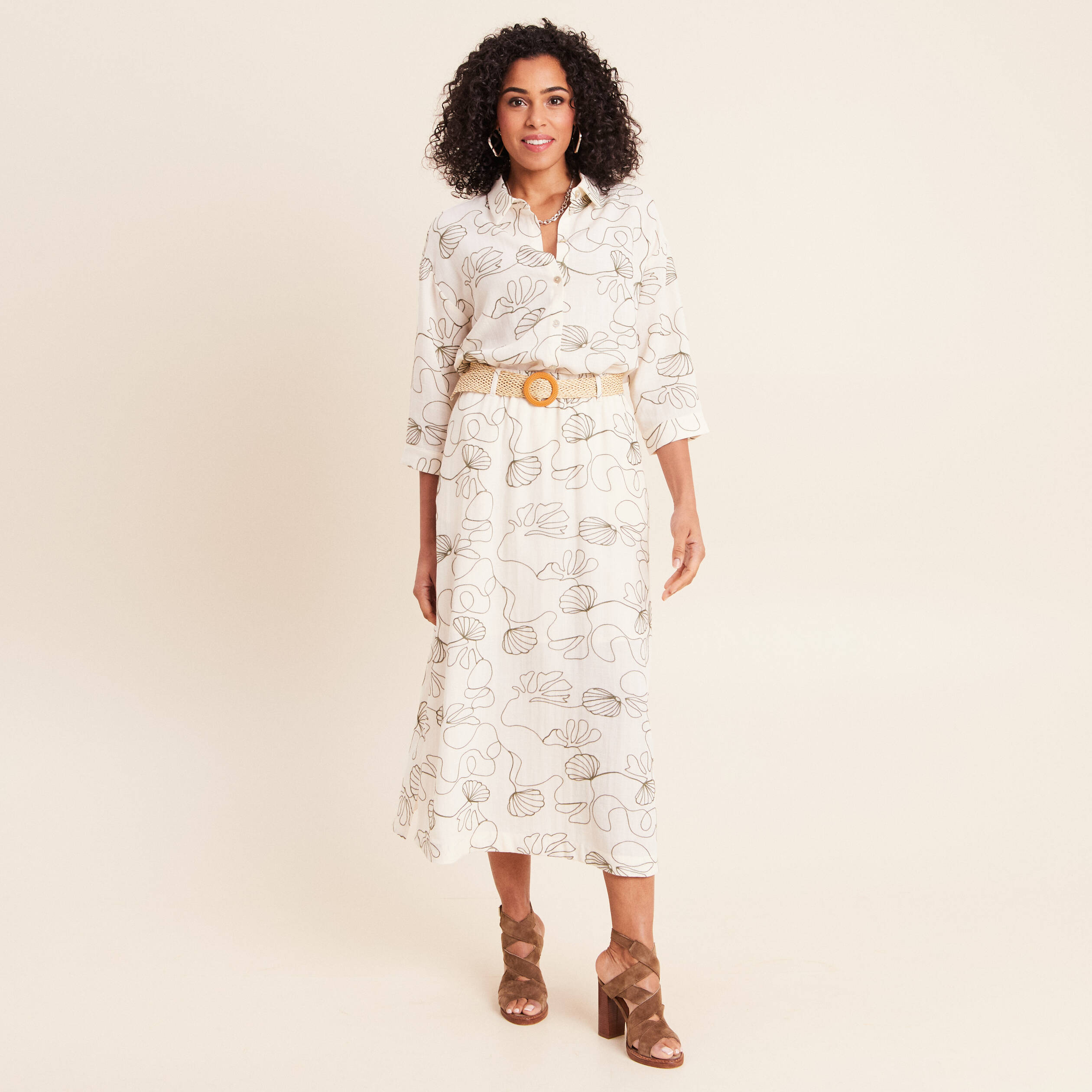 Chemise broderie col chemise manches 3/4 vert femme