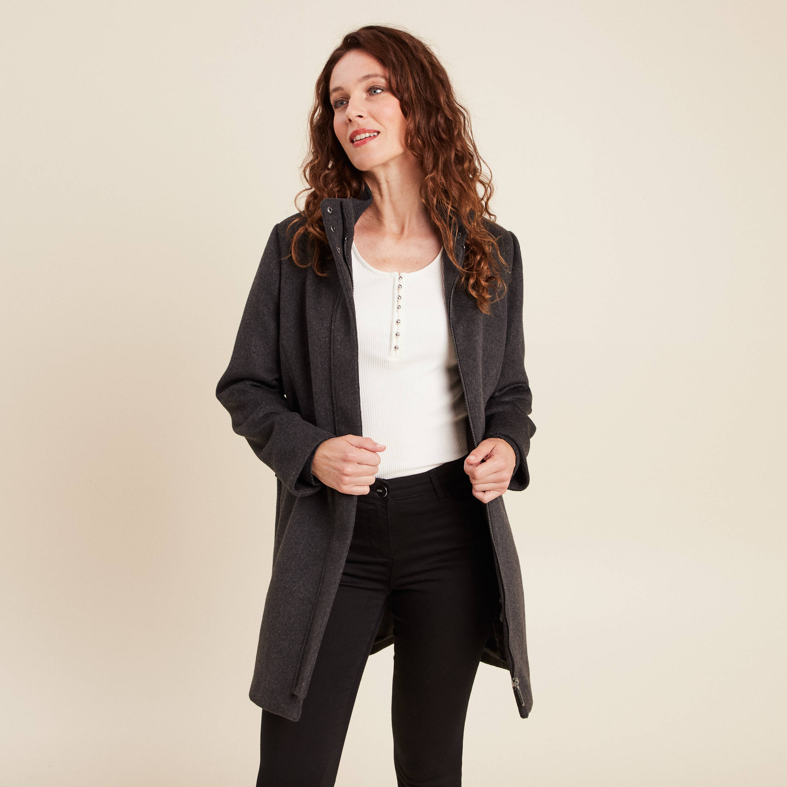 Manteau col montant doublé gris foncé femme Bréal