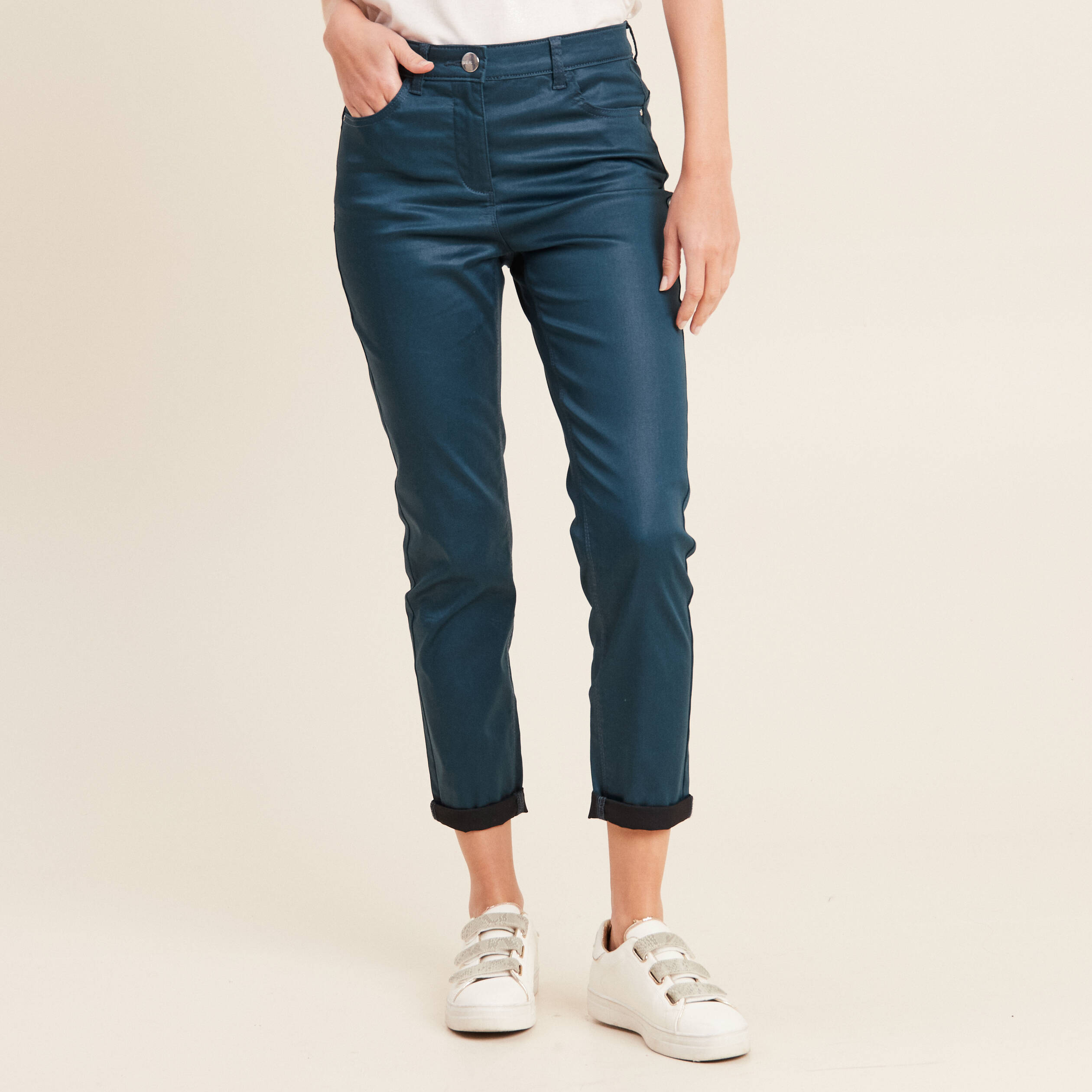 Pantalon ajuste enduit 7 8eme bleu canard femme Breal