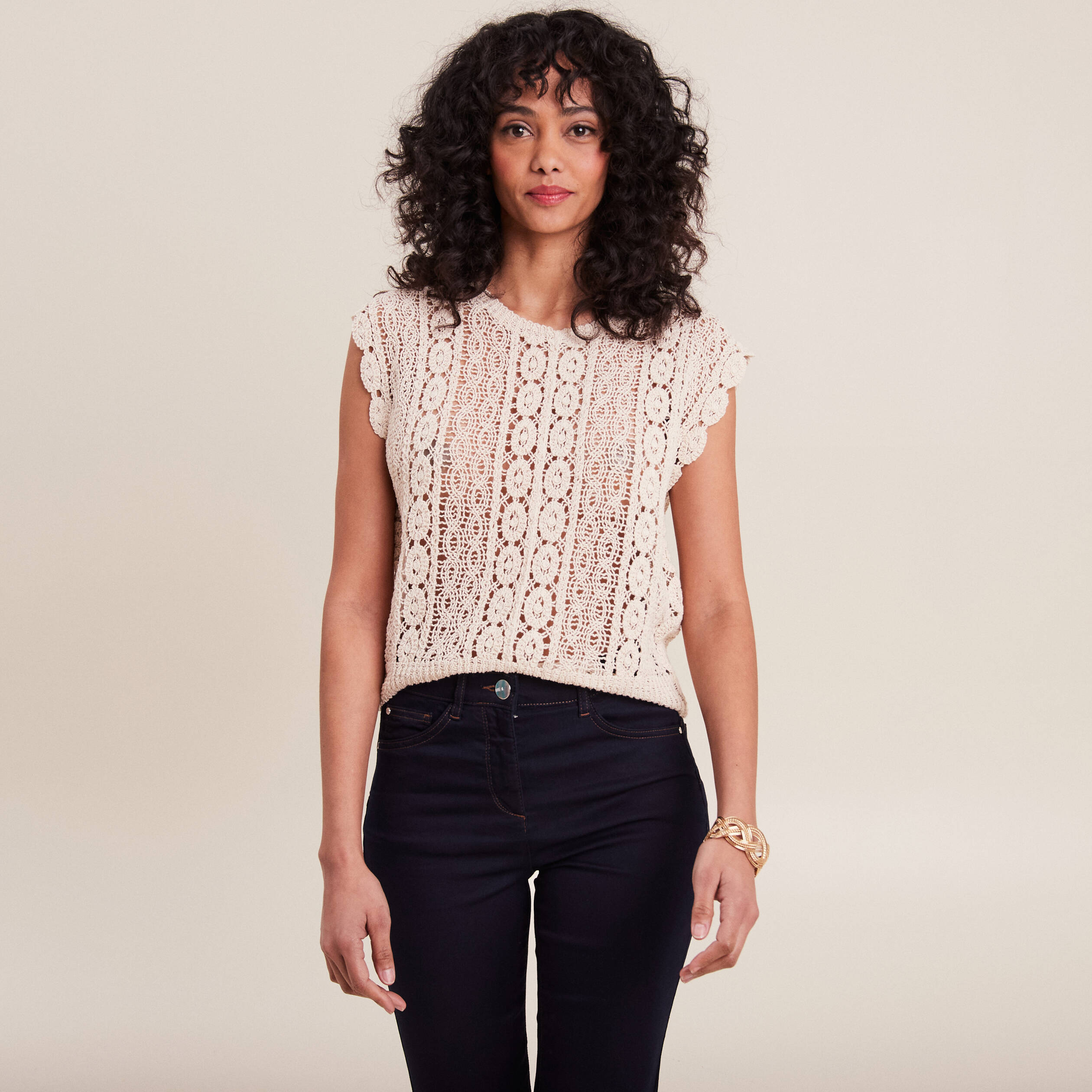 Débardeur macramé ecru femme