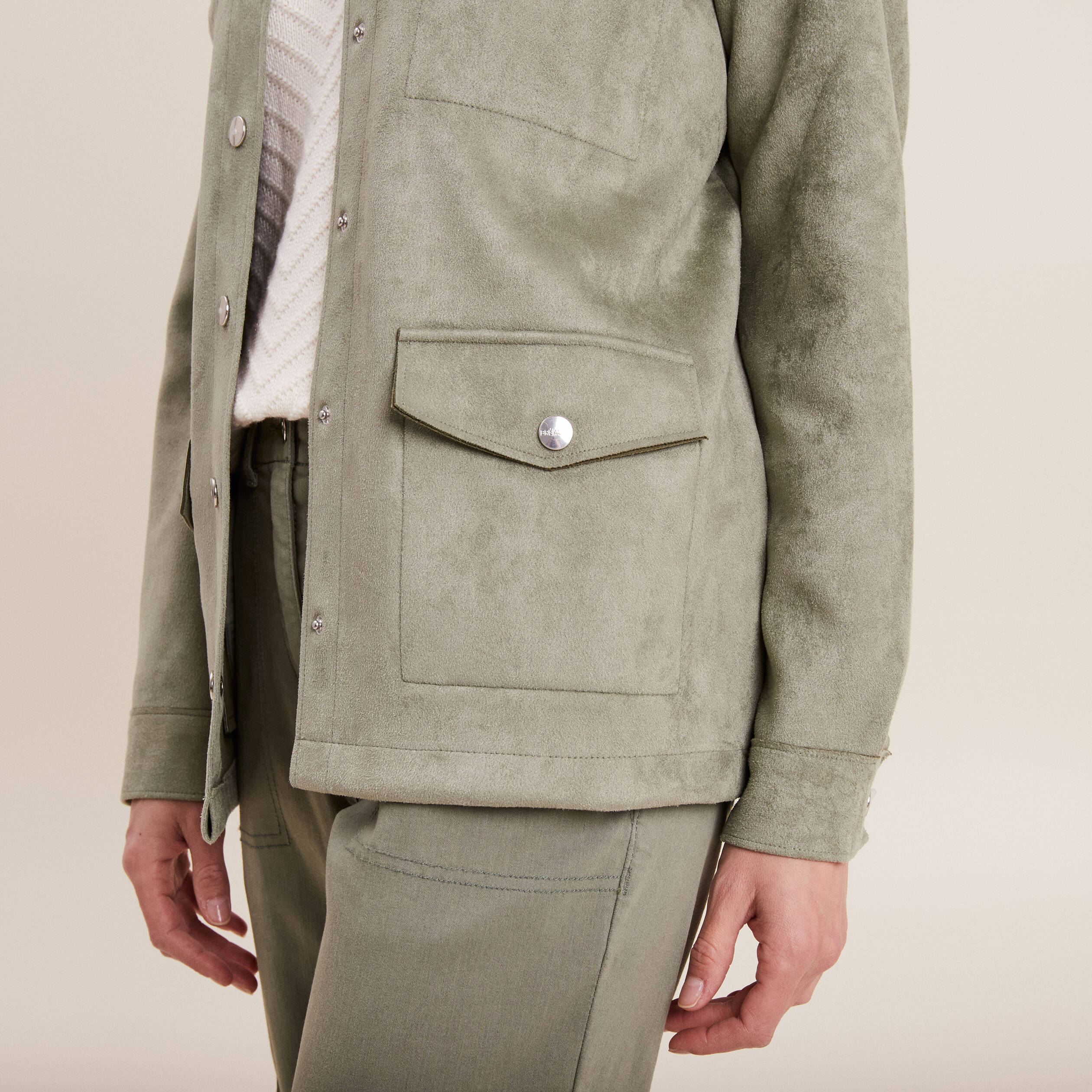 Veste droite su dine boutonn e vert kaki femme